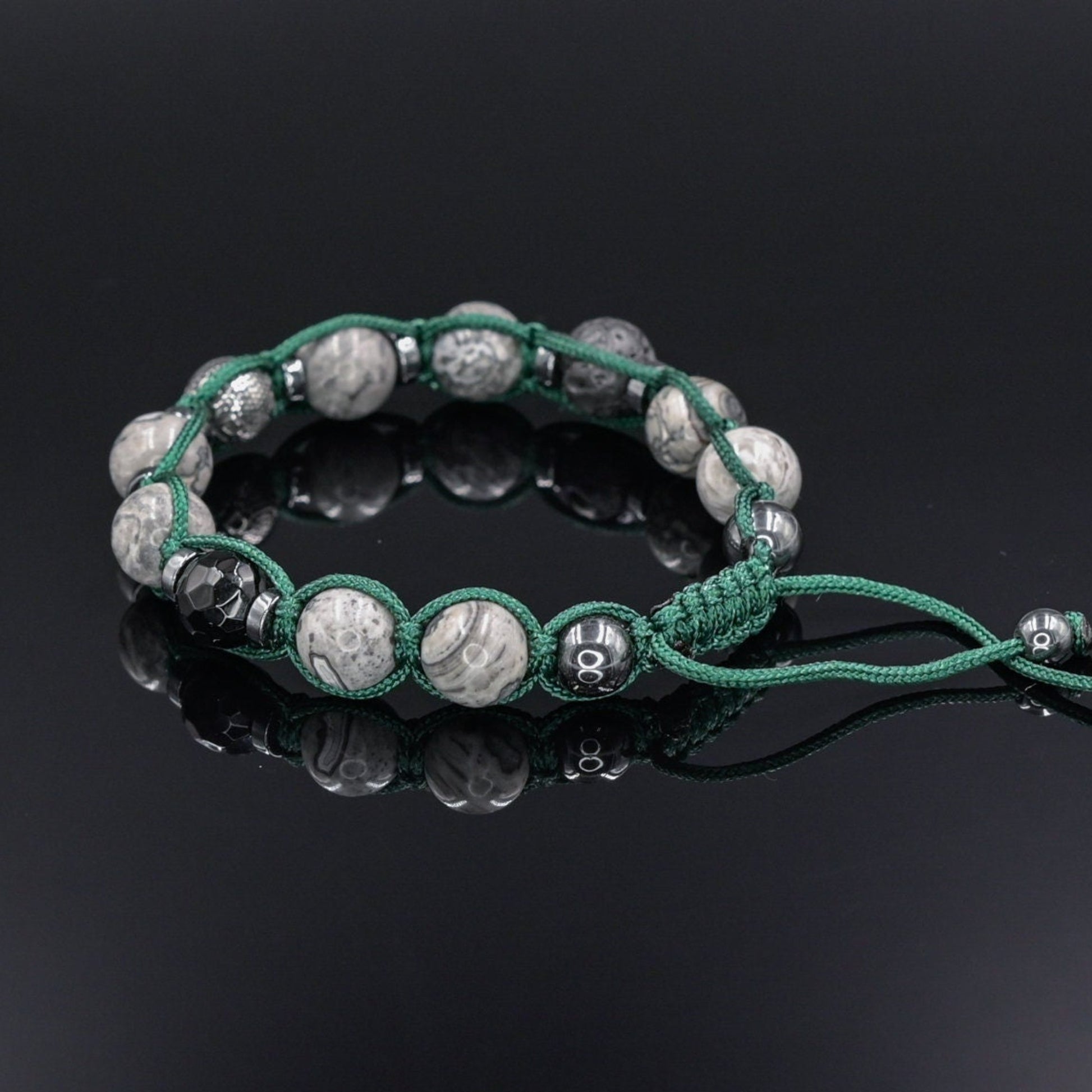 Gemstone Jasper Agate Hematite Bracelet, Men's Adjustable Steel Bead Bracelet, Gift for Men, Macrame Bracelet, Stone Grey Beaded Bracelet -Shamballa Bracelet - Mantra Bracelet  -  Birthstone Bracelet - Gemstone Bracelet Men - Chakra Bracelet - Macrame Bracelet - Healing Bracelet - Valinde
