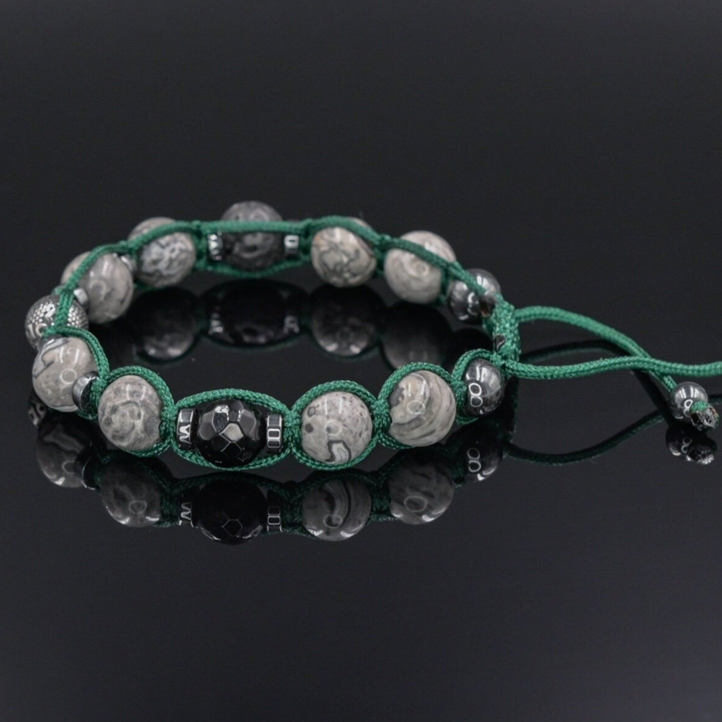 Gemstone Jasper Agate Hematite Bracelet, Men's Adjustable Steel Bead Bracelet, Gift for Men, Macrame Bracelet, Stone Grey Beaded Bracelet -Shamballa Bracelet - Mantra Bracelet  -  Birthstone Bracelet - Gemstone Bracelet Men - Chakra Bracelet - Macrame Bracelet - Healing Bracelet - Valinde
