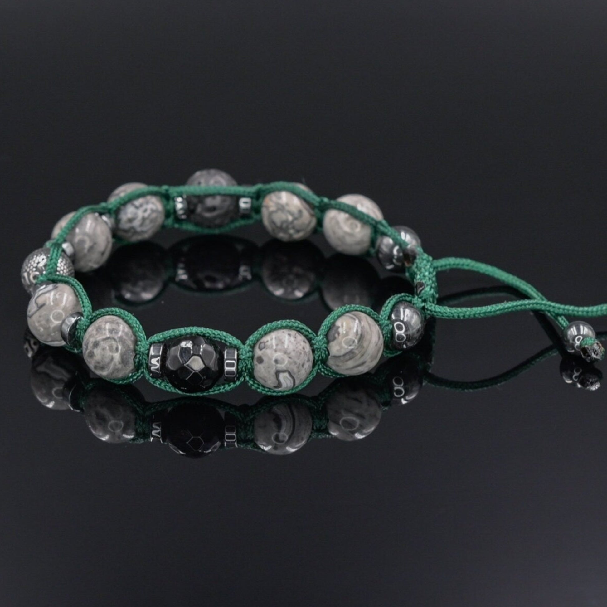 Gemstone Jasper Agate Hematite Bracelet, Men's Adjustable Steel Bead Bracelet, Gift for Men, Macrame Bracelet, Stone Grey Beaded Bracelet -Shamballa Bracelet - Mantra Bracelet  -  Birthstone Bracelet - Gemstone Bracelet Men - Chakra Bracelet - Macrame Bracelet - Healing Bracelet - Valinde
