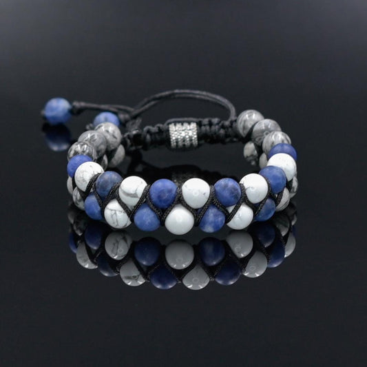 Double Row Men's Beaded Bracelet, Sodalite, Howlite, and Jasper Natural Stones Bracelet, Adjustable Wristband, Blue& White Macrame BraceletGift for Men Macrame Bracelet Stone Adjustable Bracelet Christmas Gift  Gemstone Bracelet Gift for Men  Adjustable Bracelet for Men - Shamballa Bracelet - Mantra Bracelet  -  Yoga Bracelet -  Birthstone Bracelet - Gemstone Bracelet Men - Chakra Bracelet - Macrame Bracelet - Healing Bracelet - Gift for Father - Gift For Men - Valinde
