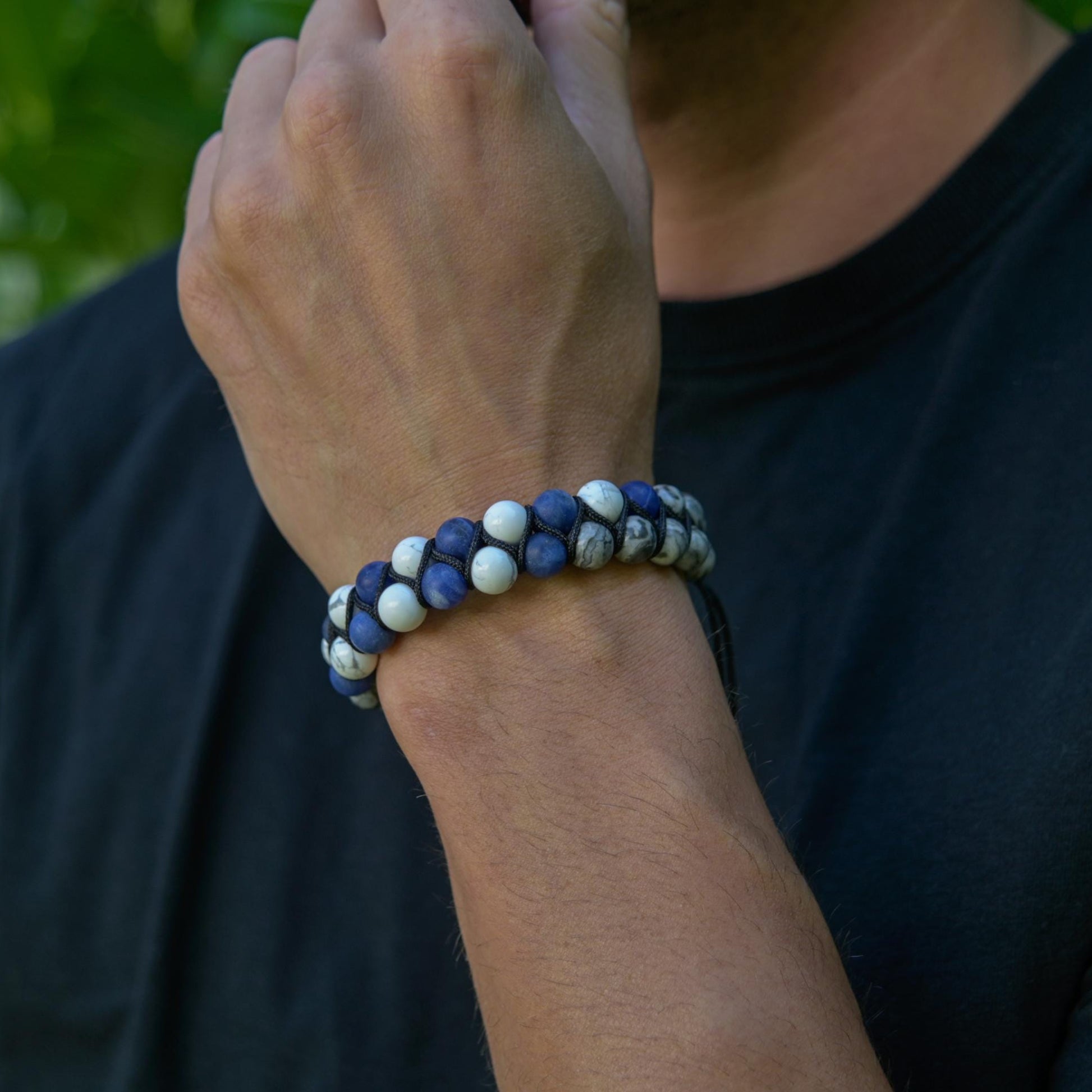 Double Row Men's Beaded Bracelet, Sodalite, Howlite, and Jasper Natural Stones Bracelet, Adjustable Wristband, Blue& White Macrame BraceletGift for Men Macrame Bracelet Stone Adjustable Bracelet Christmas Gift  Gemstone Bracelet Gift for Men  Adjustable Bracelet for Men - Shamballa Bracelet - Mantra Bracelet  -  Yoga Bracelet -  Birthstone Bracelet - Gemstone Bracelet Men - Chakra Bracelet - Macrame Bracelet - Healing Bracelet - Gift for Father - Gift For Men - Valinde
