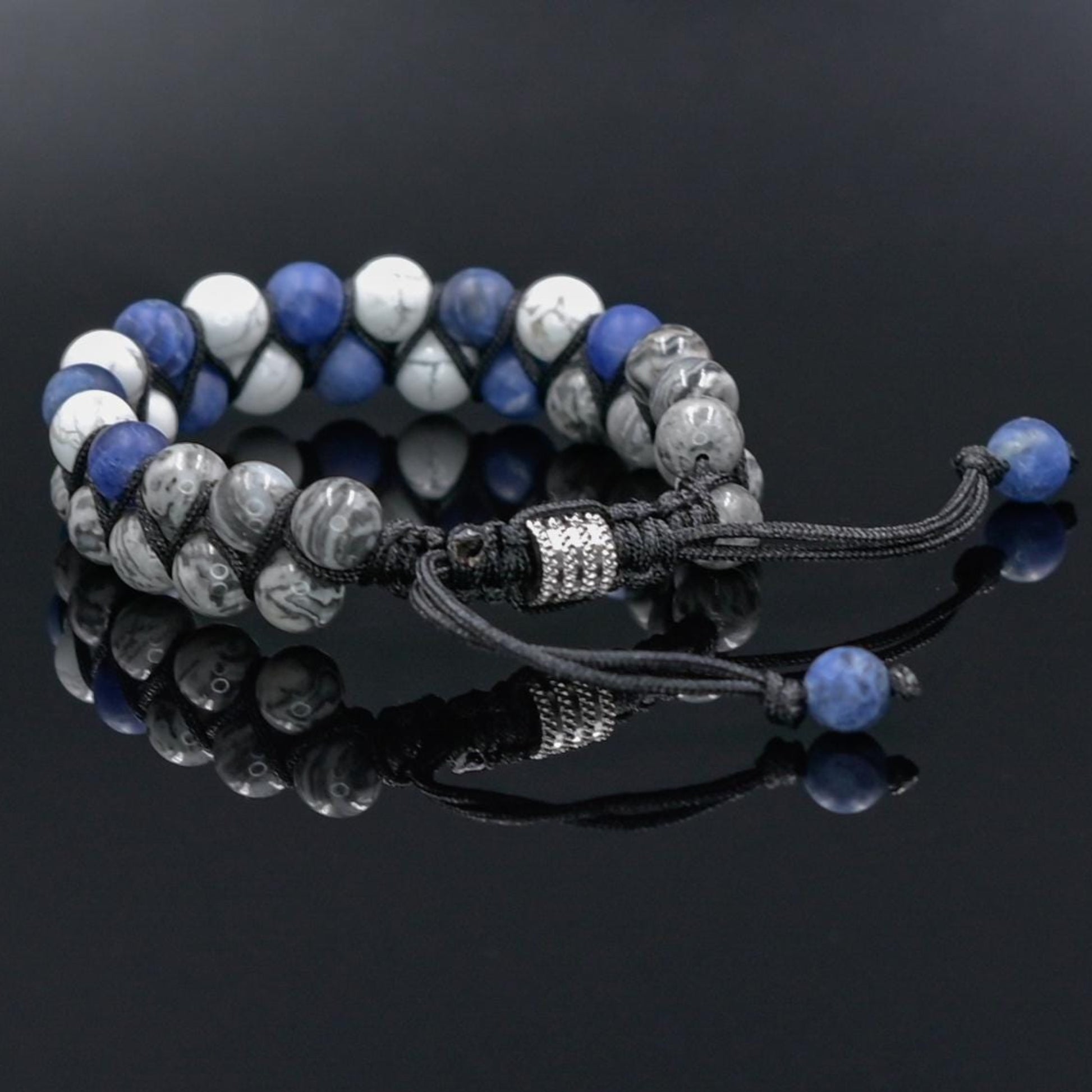 Double Row Men's Beaded Bracelet, Sodalite, Howlite, and Jasper Natural Stones Bracelet, Adjustable Wristband, Blue& White Macrame BraceletGift for Men Macrame Bracelet Stone Adjustable Bracelet Christmas Gift  Gemstone Bracelet Gift for Men  Adjustable Bracelet for Men - Shamballa Bracelet - Mantra Bracelet  -  Yoga Bracelet -  Birthstone Bracelet - Gemstone Bracelet Men - Chakra Bracelet - Macrame Bracelet - Healing Bracelet - Gift for Father - Gift For Men - Valinde
