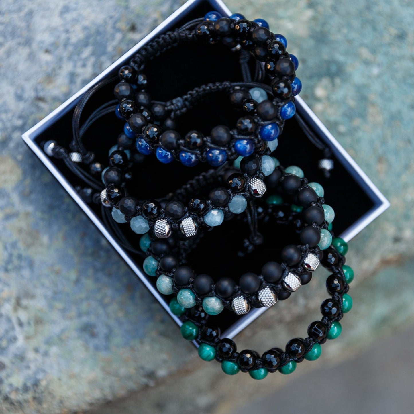 Men's Kyanite Bracelet - Black Onyx Agate Triple Bracelet - 3 Rows Bracelet - Gift for Men - Adjustable Crystal Bracelet - Macrame Bracelet- Shamballa Bracelet - Birthstone Bracelet - Gemstone Bracelet Men - Chakra Bracelet - Macrame Bracelet - Healing Bracelet - Valinde
