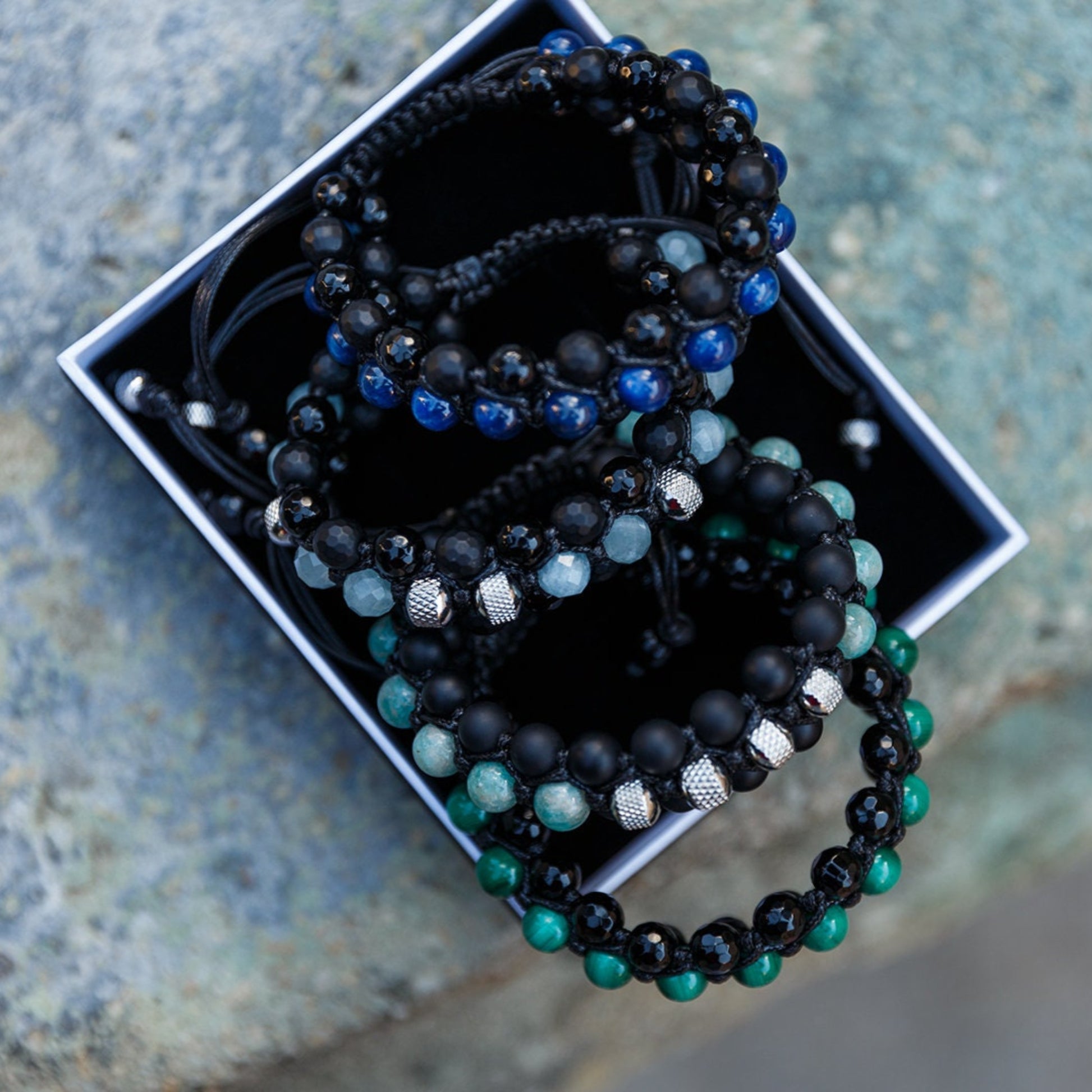 Men's Kyanite Bracelet - Black Onyx Agate Triple Bracelet - 3 Rows Bracelet - Gift for Men - Adjustable Crystal Bracelet - Macrame Bracelet- Shamballa Bracelet - Birthstone Bracelet - Gemstone Bracelet Men - Chakra Bracelet - Macrame Bracelet - Healing Bracelet - Valinde
