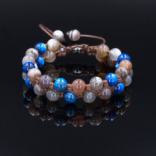 Botswana Agate Kyanite Bracelet - Men's Double Row Macrame Bracelet - Gift for Men - Crystal Beaded Adjustable Bracelet - Two Row Bracelet  - Shamballa Bracelet - Birthstone Bracelet - Gemstone Bracelet Men - Chakra Bracelet - Macrame Bracelet - Healing Bracelet