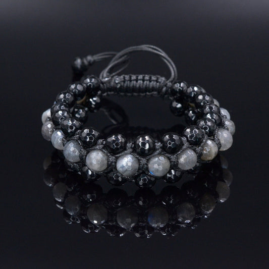 Men's Flash Labradorite Triple Bracelet - Three Row Bracelet Men - Black Agate Bracelet - Gift for Men - Adjustable Macrame Bracelet - Shamballa Bracelet - Birthstone Bracelet - Gemstone Bracelet Men - Chakra Bracelet - Macrame Bracelet - Healing Bracelet
