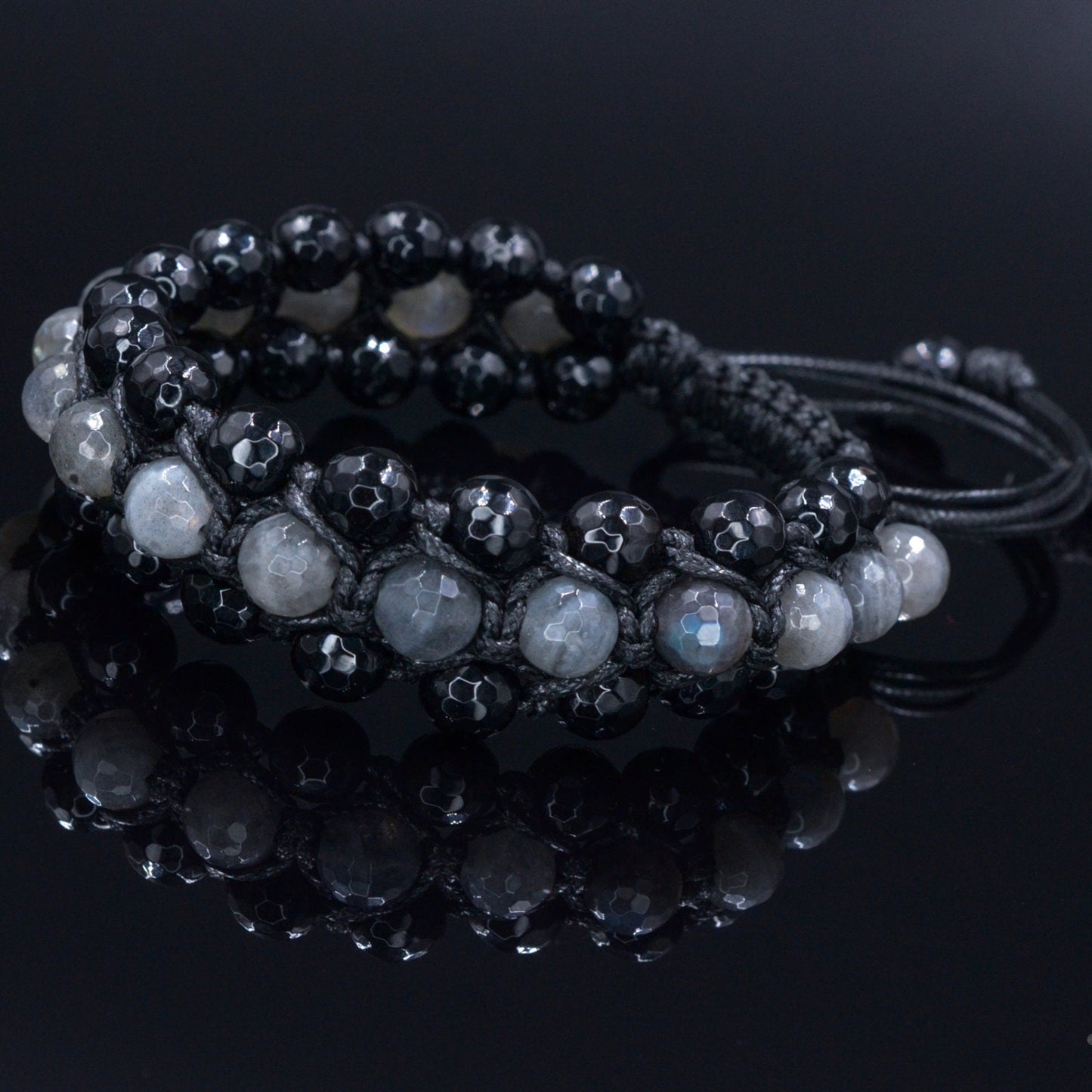 Men's Flash Labradorite Triple Bracelet - Three Row Bracelet Men - Black Agate Bracelet - Gift for Men - Adjustable Macrame Bracelet - Shamballa Bracelet - Birthstone Bracelet - Gemstone Bracelet Men - Chakra Bracelet - Macrame Bracelet - Healing Bracelet
