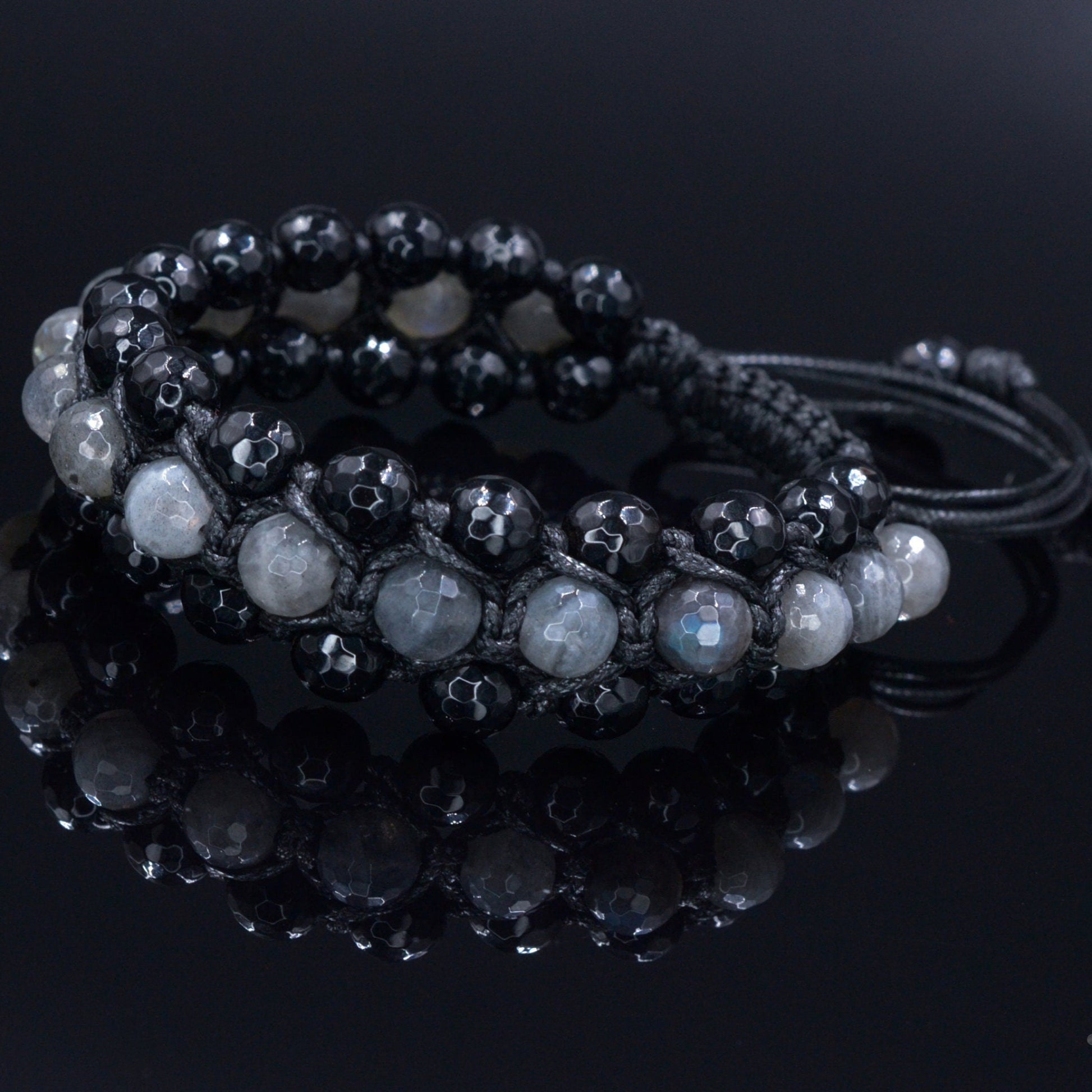 Men's Flash Labradorite Triple Bracelet - Three Row Bracelet Men - Black Agate Bracelet - Gift for Men - Adjustable Macrame Bracelet - Shamballa Bracelet - Birthstone Bracelet - Gemstone Bracelet Men - Chakra Bracelet - Macrame Bracelet - Healing Bracelet
