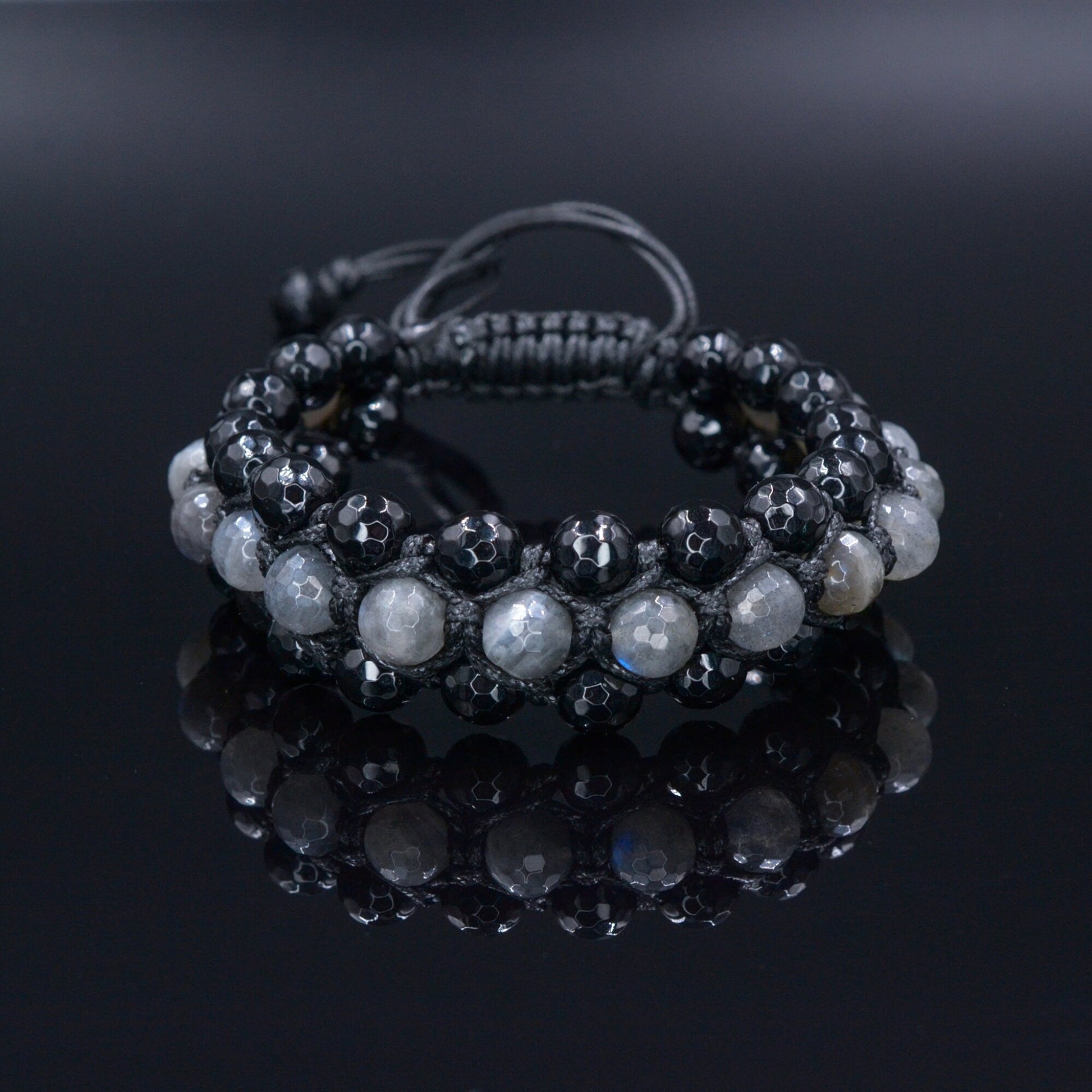 Men's Flash Labradorite Triple Bracelet - Three Row Bracelet Men - Black Agate Bracelet - Gift for Men - Adjustable Macrame Bracelet - Shamballa Bracelet - Birthstone Bracelet - Gemstone Bracelet Men - Chakra Bracelet - Macrame Bracelet - Healing Bracelet

