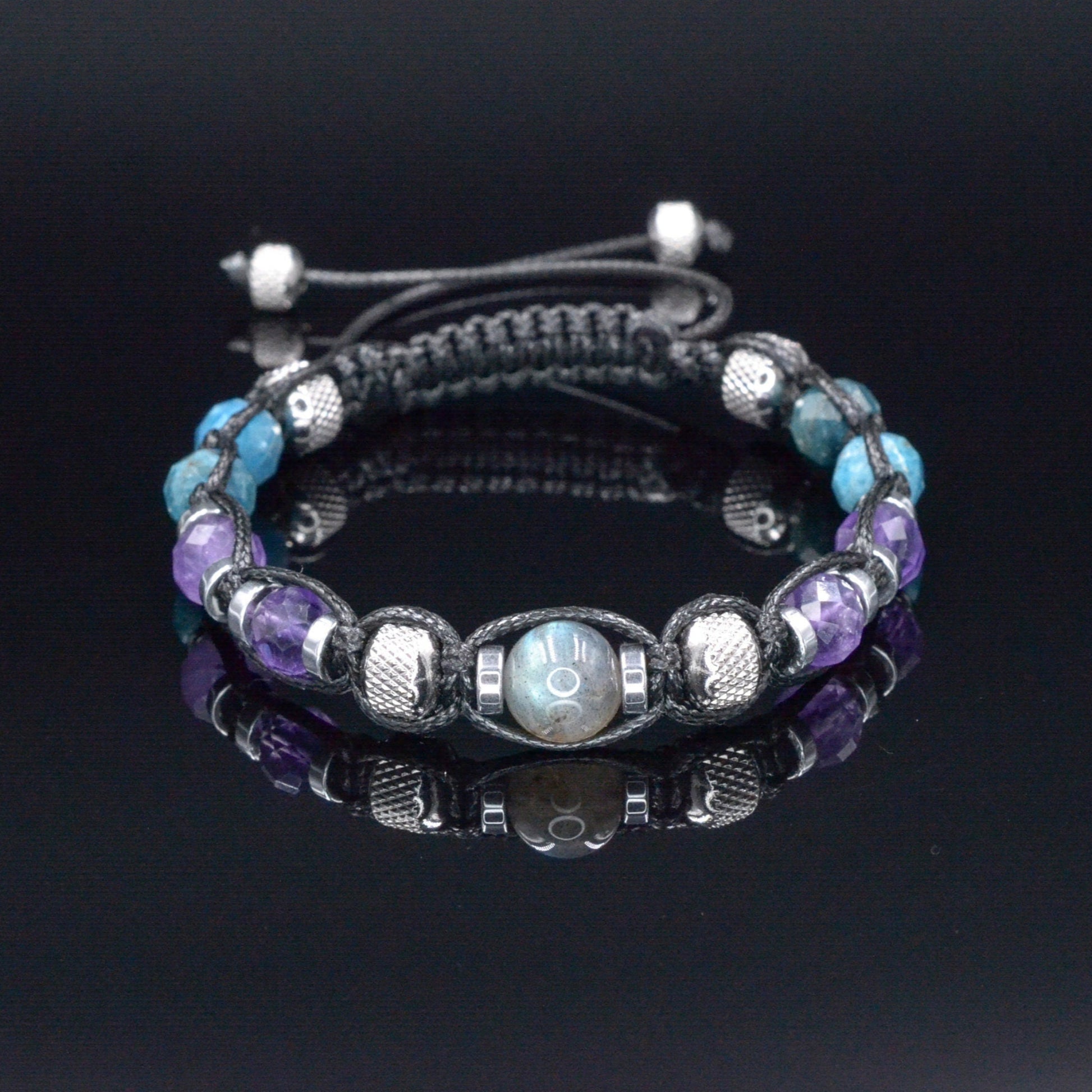 Men's Amethyst Apatite Crystal Bracelet, Labradorite Steel Beaded Bracelet, Gift for Men, Adjustable Macrame Braided Bracelet, Men's Gift   - Shamballa Bracelet - Mantra Bracelet  -  Birthstone Bracelet - Gemstone Bracelet Men - Chakra Bracelet - Macrame Bracelet - Healing Bracelet - Valinde