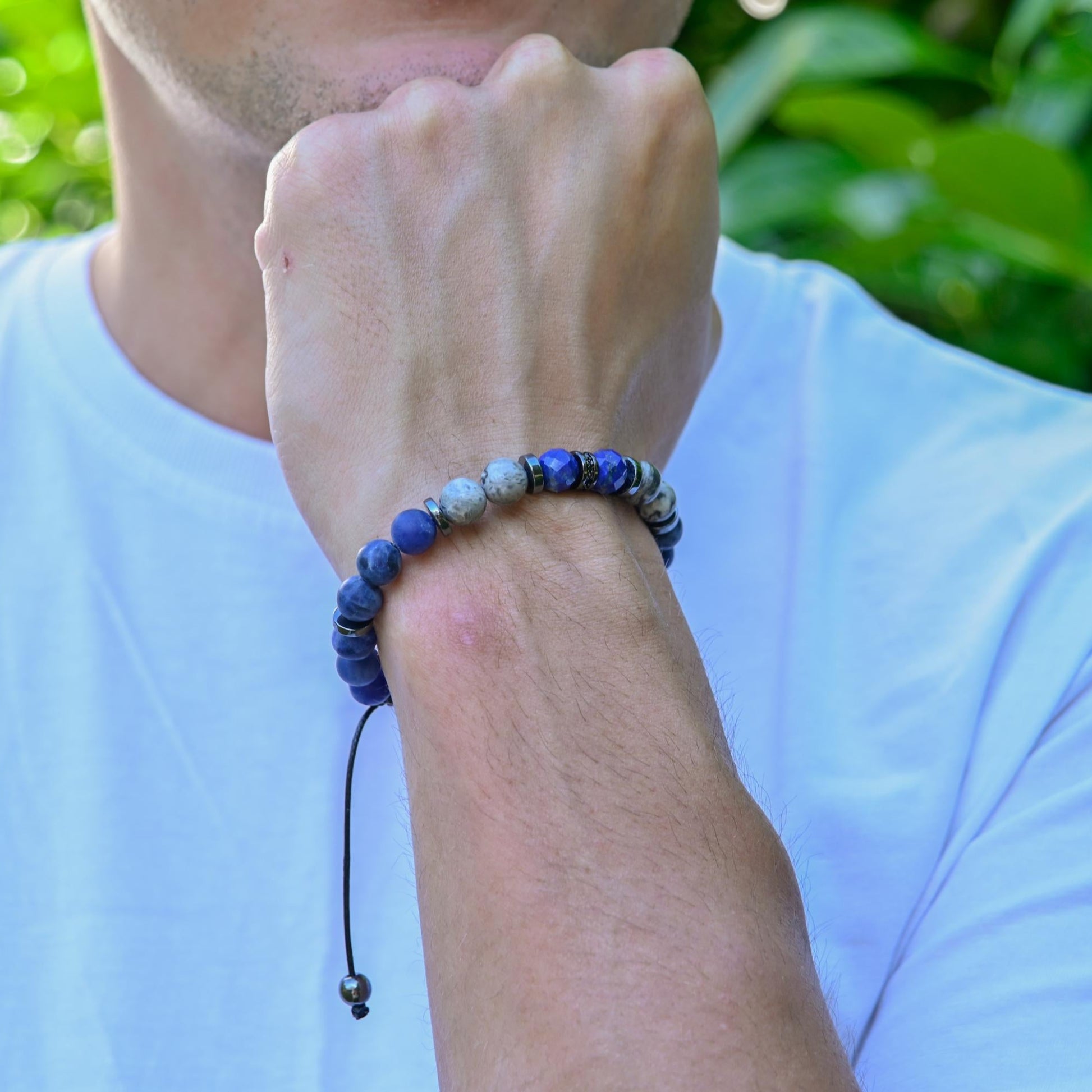 Men's Beaded Bracelet - Sodalite, Jasper & Lapis Lazuli Healing Stone Bracelet - Blue Gemstone Macrame Adjustable Bracelet - Gift for Him, Hematite Healing Stone Jewelry, Natural Macrame Bracelet for Him, Protection Energy Gift, Adjustable Bracelet for Him, Healing Gemstone Gift, Father's Day Gift, Protection Bracelet, Crystal Gift for Him, February Birthstone, Protection Bracelet gift for Him, Stainless Steel Jewelry,Healing Crystal Bracelet, Masculine Strength Gift, Spiritual Protection, Gift for Men, Adj