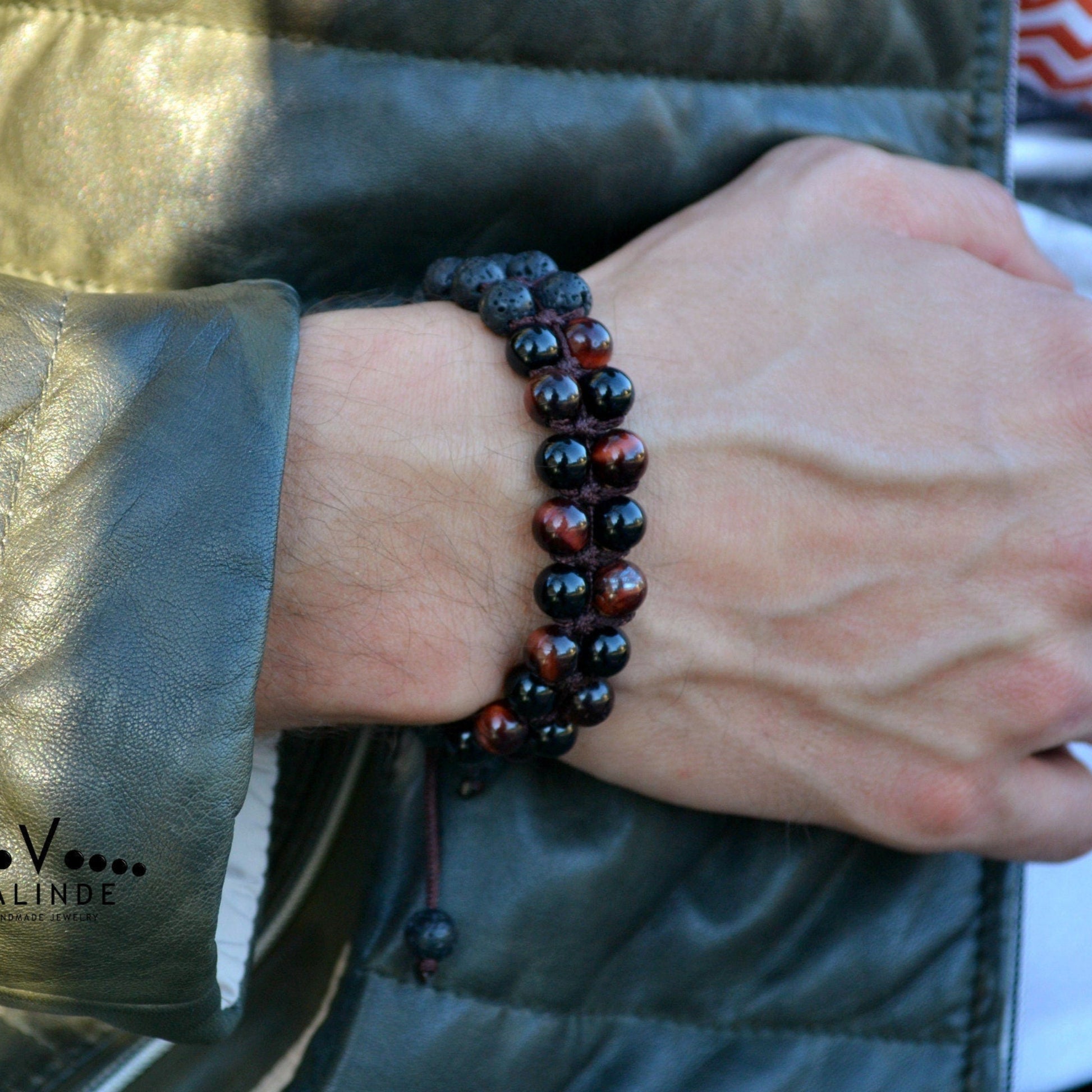 Men's Lava Stone Double Bracelet Black Agate Bracelet Red Tiger's Eye Bracelet Stone Adjustable Bracelet Gift for Men Macrame Bracelet - Shamballa Bracelet - Mantra Bracelet  -  Yoga Bracelet -  Birthstone Bracelet - Gemstone Bracelet Men - Chakra Bracelet - Macrame Bracelet - Healing Bracelet - Gift for Father - Gift For Men - Valinde
