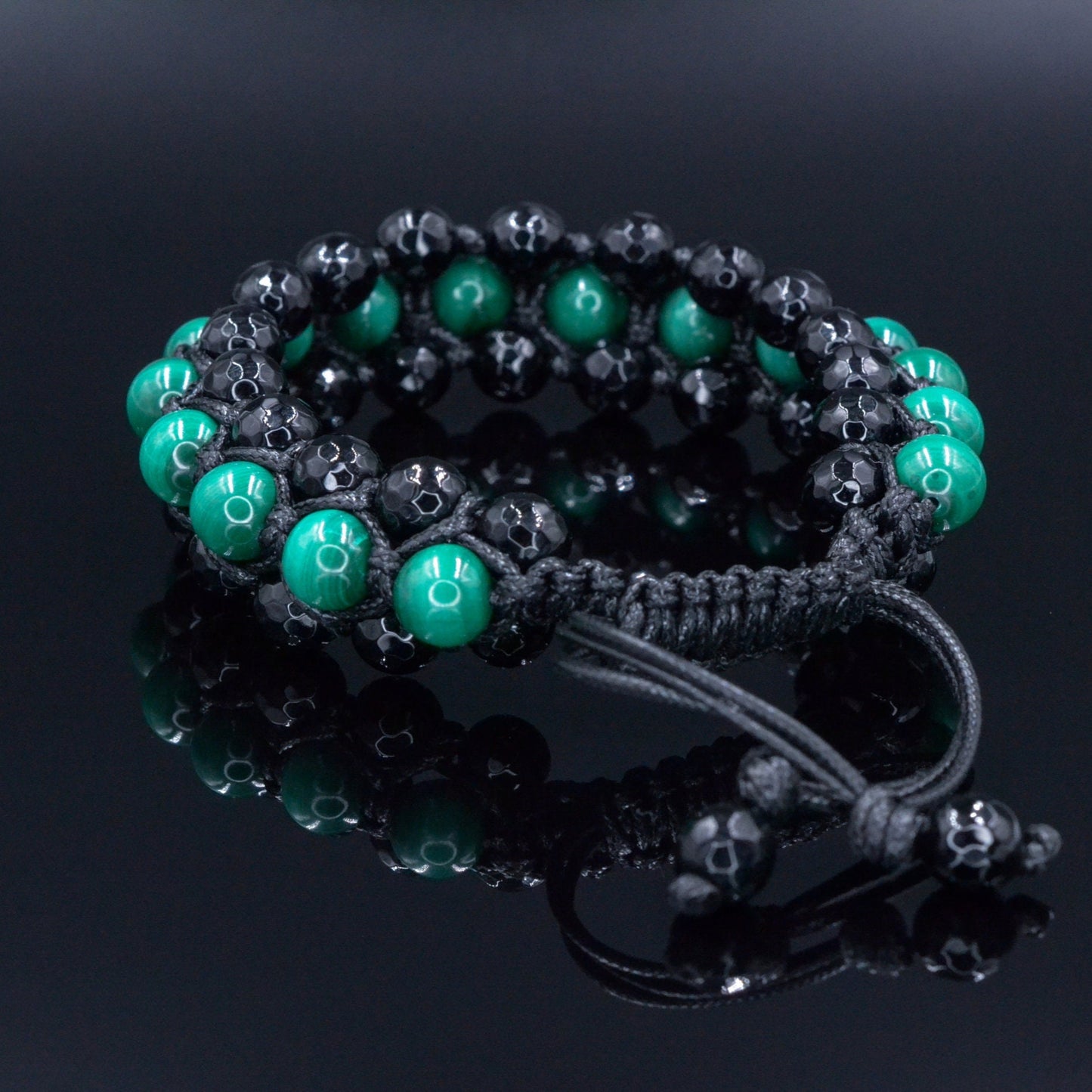 Genuine Malachite Triple Bracelet - Men's Three Rows Adjustable Bracelet - Black Agate Gemstone Bracelet - Gift for Men - Wide Bead Bracelet - Shamballa Bracelet - Birthstone Bracelet - Gemstone Bracelet Men - Chakra Bracelet - Macrame Bracelet - Healing Bracelet - Valinde
