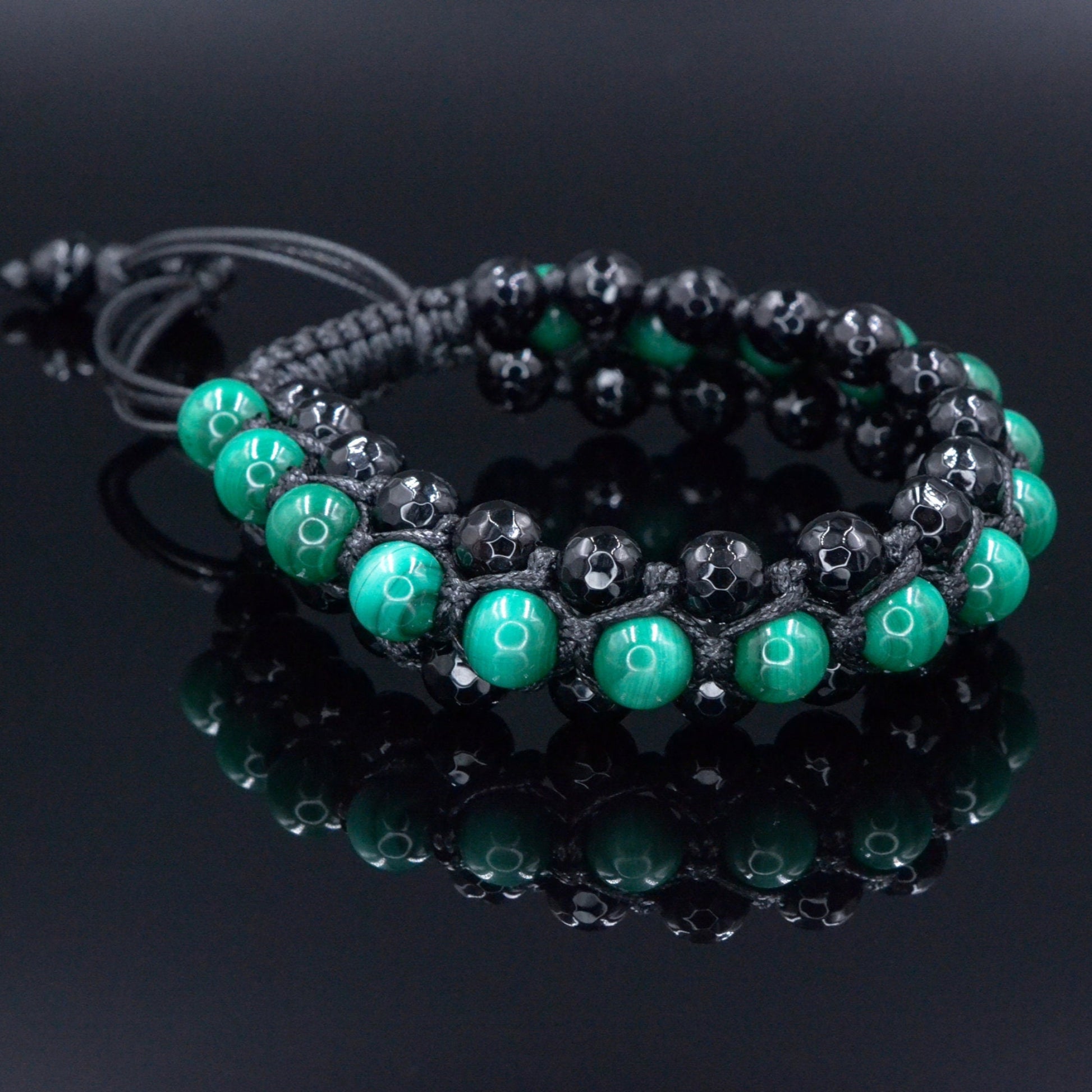 Genuine Malachite Triple Bracelet - Men's Three Rows Adjustable Bracelet - Black Agate Gemstone Bracelet - Gift for Men - Wide Bead Bracelet - Shamballa Bracelet - Birthstone Bracelet - Gemstone Bracelet Men - Chakra Bracelet - Macrame Bracelet - Healing Bracelet - Valinde

