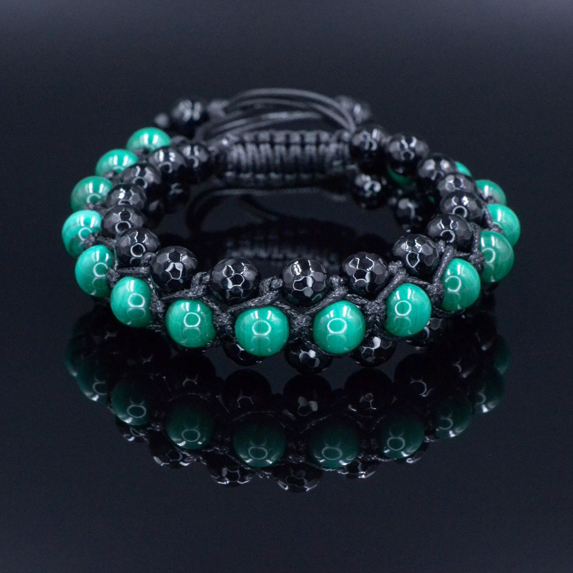 Genuine Malachite Triple Bracelet - Men's Three Rows Adjustable Bracelet - Black Agate Gemstone Bracelet - Gift for Men - Wide Bead Bracelet - Shamballa Bracelet - Birthstone Bracelet - Gemstone Bracelet Men - Chakra Bracelet - Macrame Bracelet - Healing Bracelet - Valinde