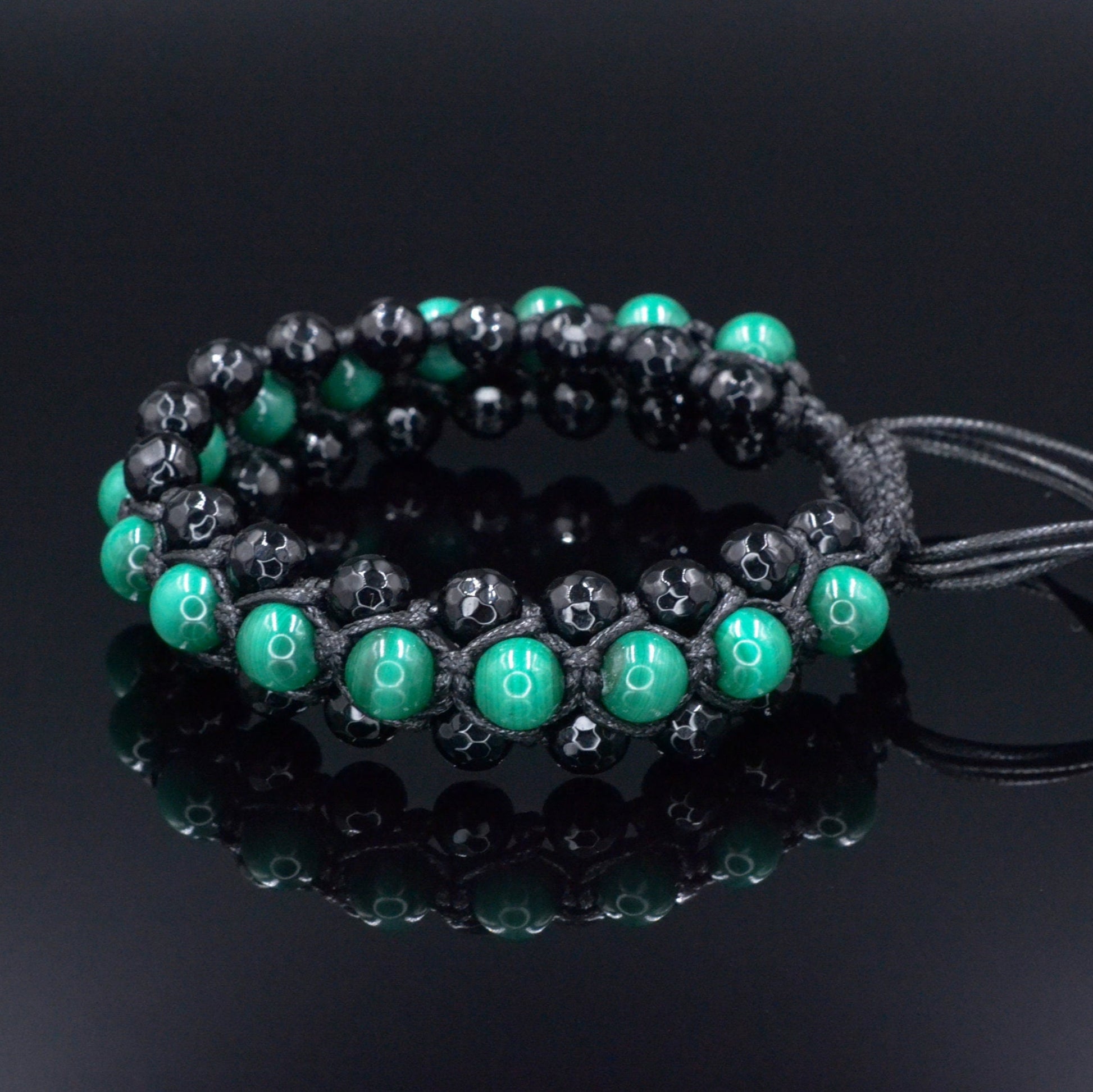 Genuine Malachite Triple Bracelet - Men's Three Rows Adjustable Bracelet - Black Agate Gemstone Bracelet - Gift for Men - Wide Bead Bracelet - Shamballa Bracelet - Birthstone Bracelet - Gemstone Bracelet Men - Chakra Bracelet - Macrame Bracelet - Healing Bracelet - Valinde
