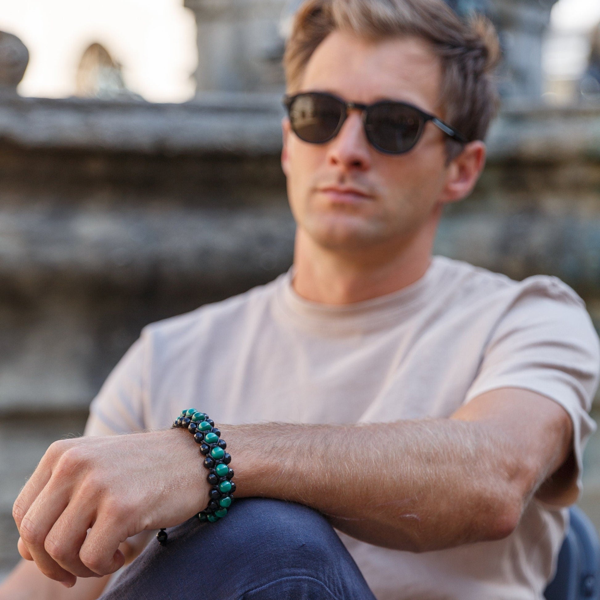 Genuine Malachite Triple Bracelet - Men's Three Rows Adjustable Bracelet - Black Agate Gemstone Bracelet - Gift for Men - Wide Bead Bracelet - Shamballa Bracelet - Birthstone Bracelet - Gemstone Bracelet Men - Chakra Bracelet - Macrame Bracelet - Healing Bracelet - Valinde

