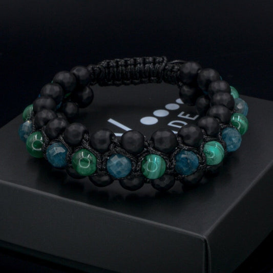 Malachite & Apatite Triple Bracelet for Men - Men's 3 Rows Macrame Bracelet - Black Onyx Bracelet - Gift for Men - Father's Day Gift-  Shamballa Bracelet  -  Birthstone Bracelet - Gemstone Bracelet Men - Chakra Bracelet - Macrame Bracelet - Healing Bracelet - Valinde