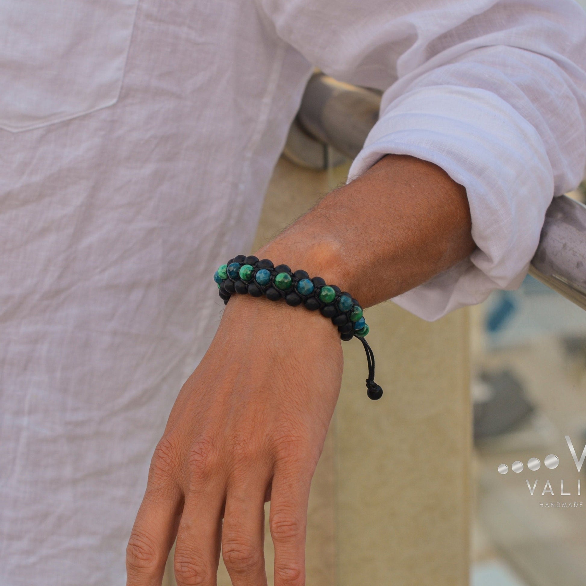 Malachite & Apatite Triple Bracelet for Men - Men's 3 Rows Macrame Bracelet - Black Onyx Bracelet - Gift for Men - Father's Day Gift-  Shamballa Bracelet  -  Birthstone Bracelet - Gemstone Bracelet Men - Chakra Bracelet - Macrame Bracelet - Healing Bracelet - Valinde
