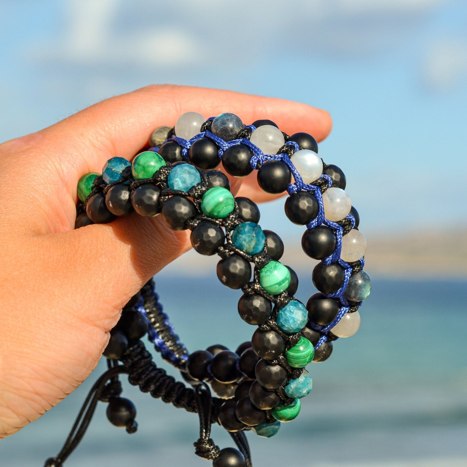Malachite & Apatite Triple Bracelet for Men - Men's 3 Rows Macrame Bracelet - Black Onyx Bracelet - Gift for Men - Father's Day Gift-  Shamballa Bracelet  -  Birthstone Bracelet - Gemstone Bracelet Men - Chakra Bracelet - Macrame Bracelet - Healing Bracelet - Valinde
