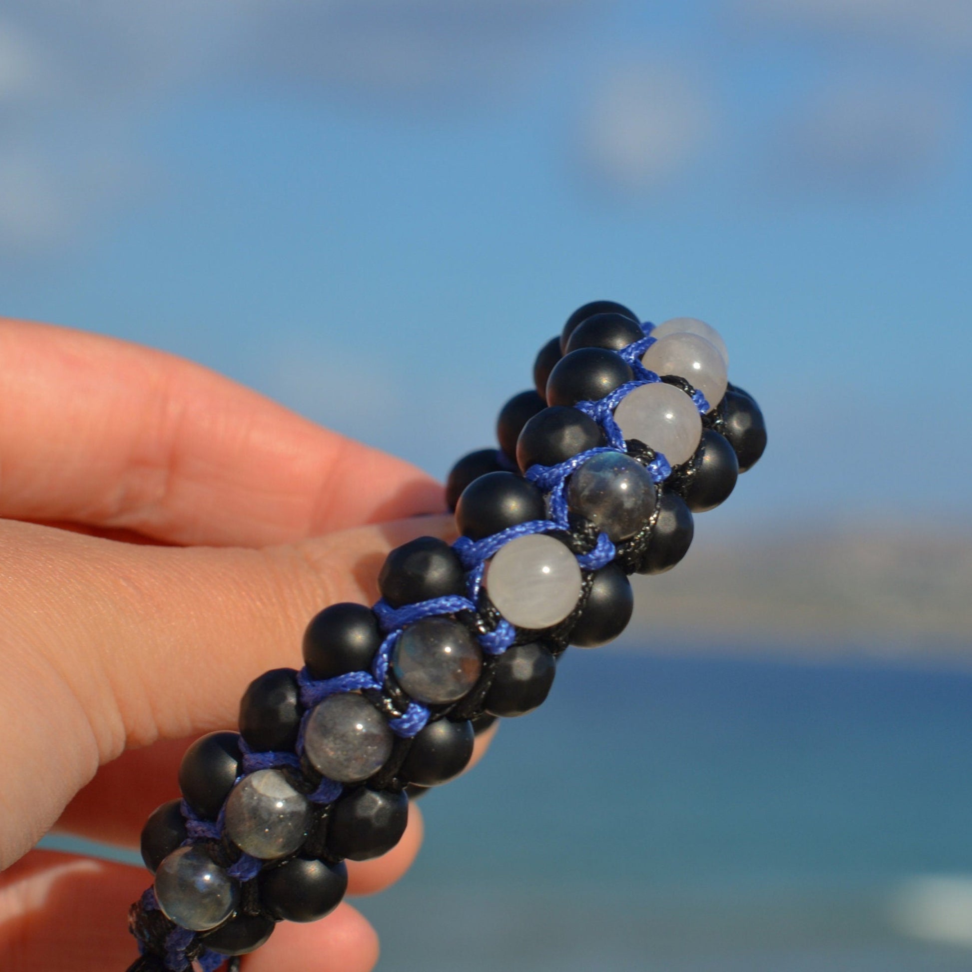 Men's Moonstone Bracelet - Three Row Macrame Bracelet - Labradorite Crystal Bracelet - Gift for Men - Father's Day Gift - Onyx Bead Bracelet -  Shamballa Bracelet  -  Birthstone Bracelet - Gemstone Bracelet Men - Chakra Bracelet - Macrame Bracelet - Healing Bracelet - Valinde
