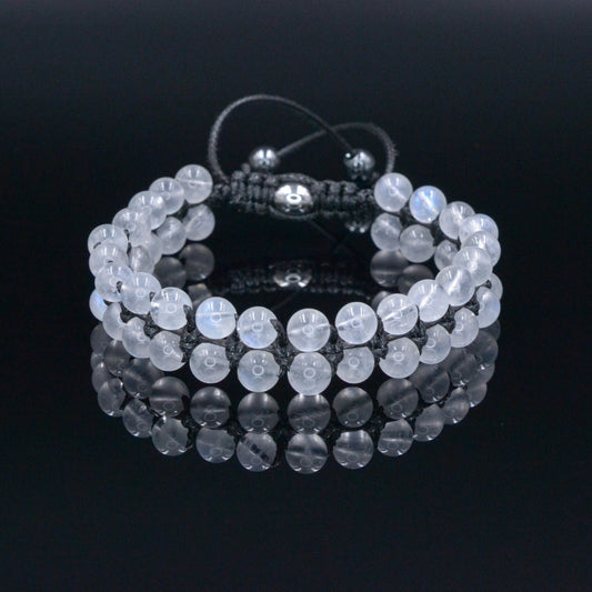 Genuine Moonstone Bracelet - Men's Double Row Crystal Beaded Bracelet - Gift for Men - White Moonstone Braided Bracelet - Birthday Gift  - Shamballa Bracelet - Birthstone Bracelet - Gemstone Bracelet Men - Chakra Bracelet - Macrame Bracelet - Healing Bracelet - Valinde
