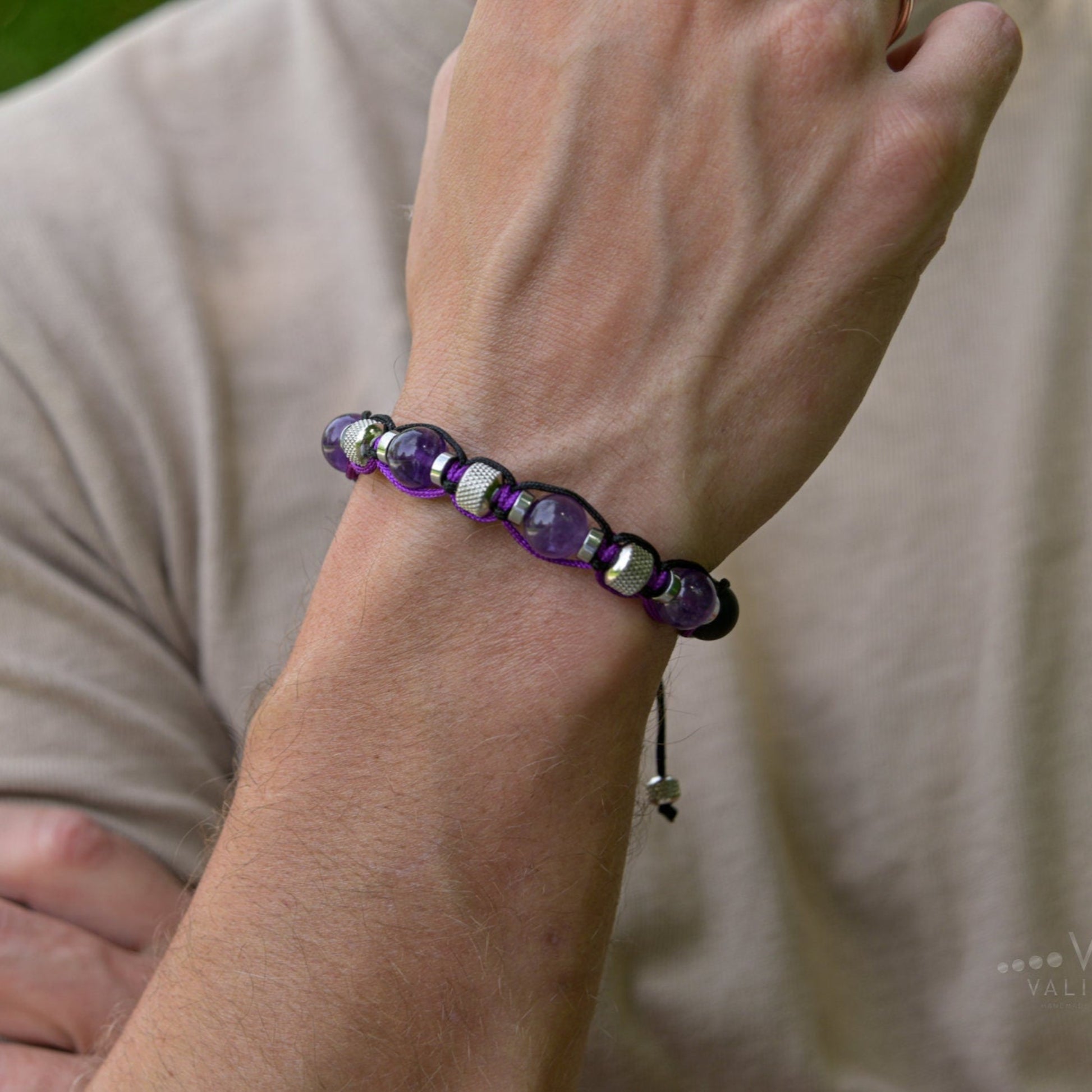 Amethyst Onyx Bracelet, Men's Adjustable Beaded Bracelet, Steel Bracelet, Gift for Men, Purple Bracelet, Summer Bracelet, Crystal Bracelet - Shamballa Bracelet - Mantra Bracelet  -  Yoga Bracelet -  Birthstone Bracelet - Gemstone Bracelet Men - Chakra Bracelet - Macrame Bracelet - Healing Bracelet - Gift for Father - Gift For Men - Valinde
