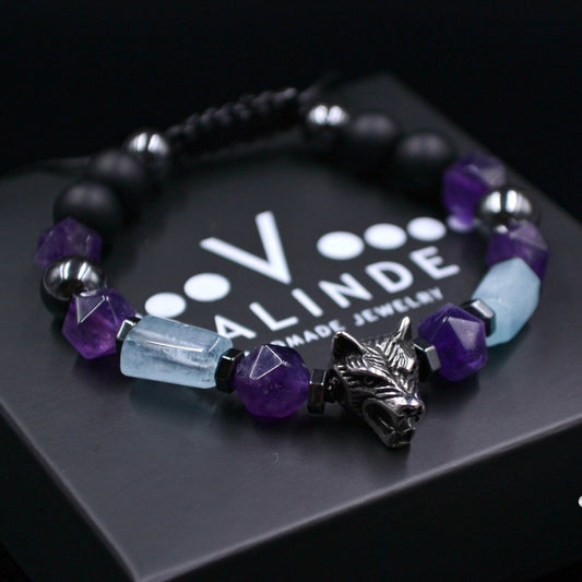 Men's Aquamarine Bracelet / Amethyst Gemstone Bracelet / Wolf Bead Bracelet / Steel Bracelet / Gift for Men / Adjustable Bracelet for Men - Shamballa Bracelet - Mantra Bracelet  -  Yoga Bracelet -  Birthstone Bracelet - Gemstone Bracelet Men - Chakra Bracelet - Macrame Bracelet - Healing Bracelet - Gift for Father - Gift For Men - Valinde
