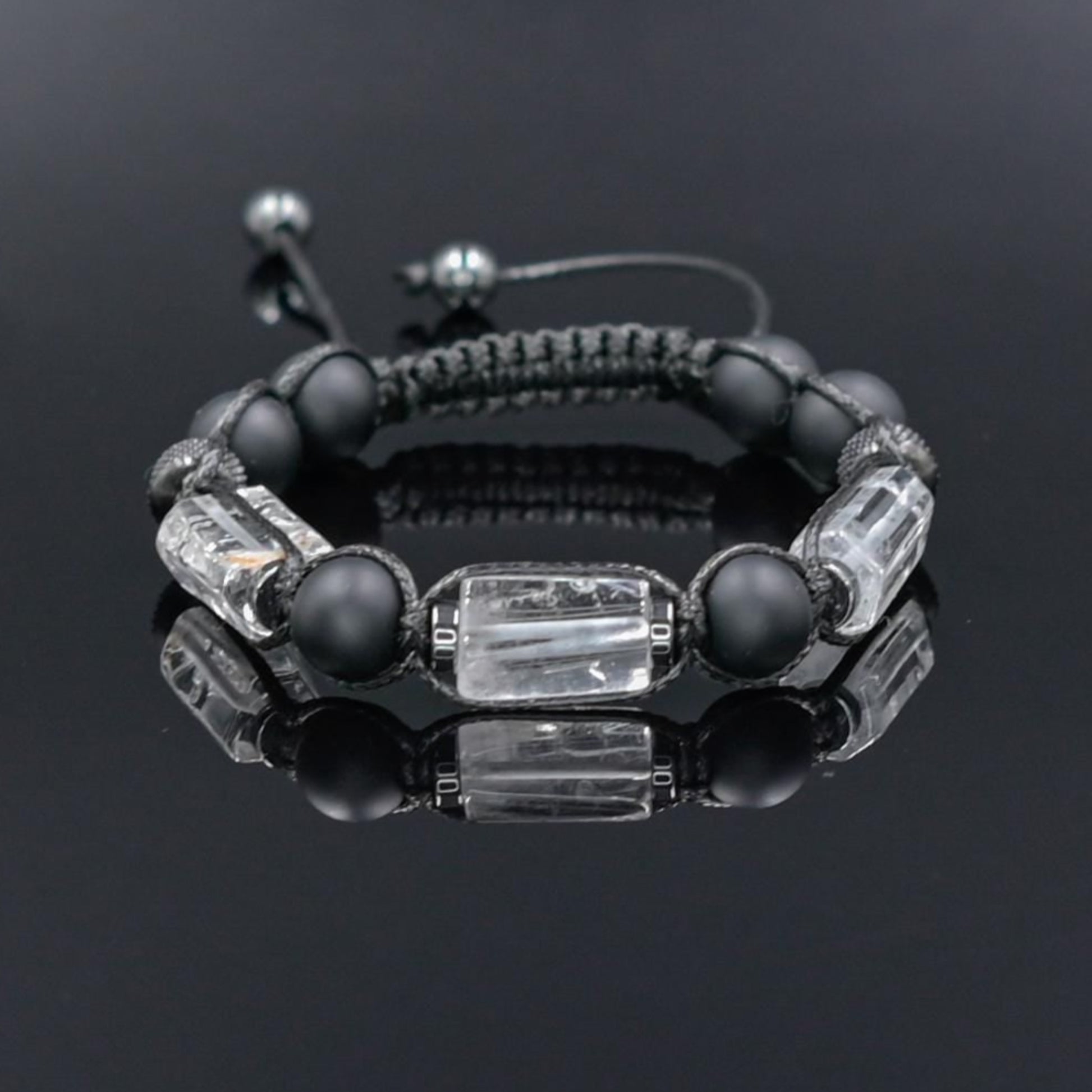 Men's Clear Quartz Healing Gemstone Bracelet, Black Onyx Steel Beaded Bracelet, Gift for Men, Adjustable Braided Bracelet- Shamballa Bracelet - Mantra Bracelet  -  Yoga Bracelet -  Birthstone Bracelet - Gemstone Bracelet Men - Chakra Bracelet - Macrame Bracelet - Healing Bracelet - Gift for Father - Gift For Men - Valinde
