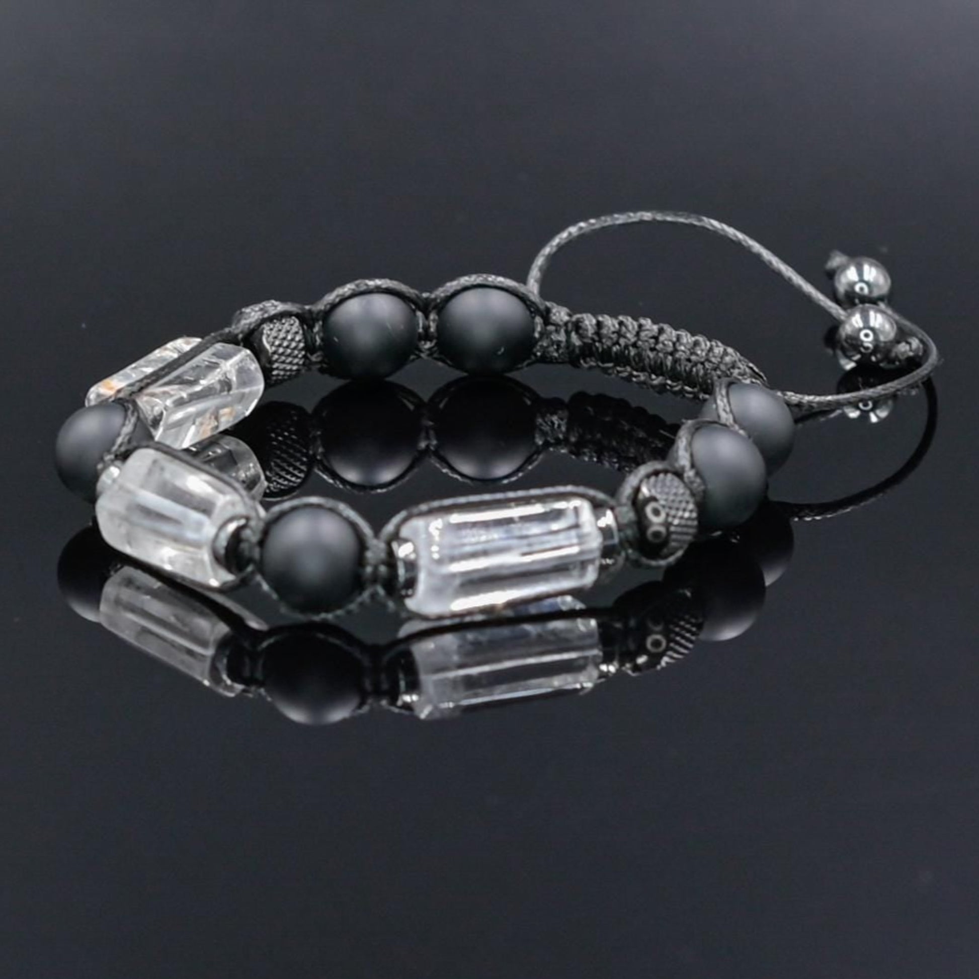 Men's Clear Quartz Healing Gemstone Bracelet, Black Onyx Steel Beaded Bracelet, Gift for Men, Adjustable Braided Bracelet- Shamballa Bracelet - Mantra Bracelet  -  Yoga Bracelet -  Birthstone Bracelet - Gemstone Bracelet Men - Chakra Bracelet - Macrame Bracelet - Healing Bracelet - Gift for Father - Gift For Men - Valinde
