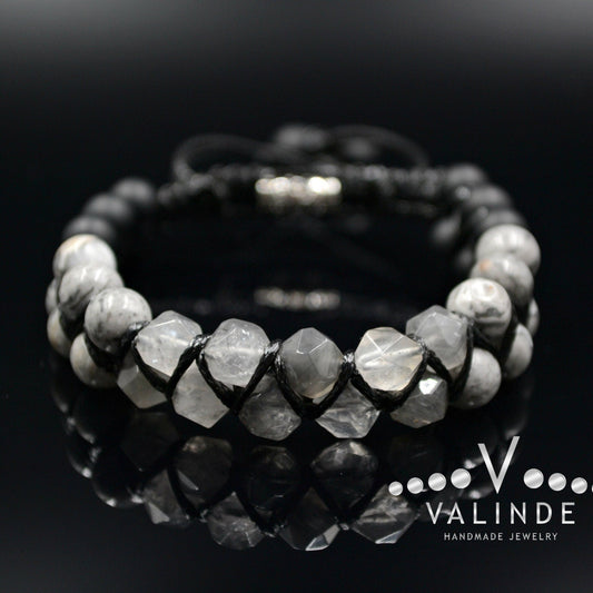 Men's Quartz Bracelet Double Macrame Bracelet Grey Jasper Bracelet Double Row Bracelet Onyx Stone Bracelet Crystal Bracelet Gift for Men  - Shamballa Bracelet - Birthstone Bracelet - Gemstone Bracelet Men - Chakra Bracelet - Macrame Bracelet - Healing Bracelet - Valinde