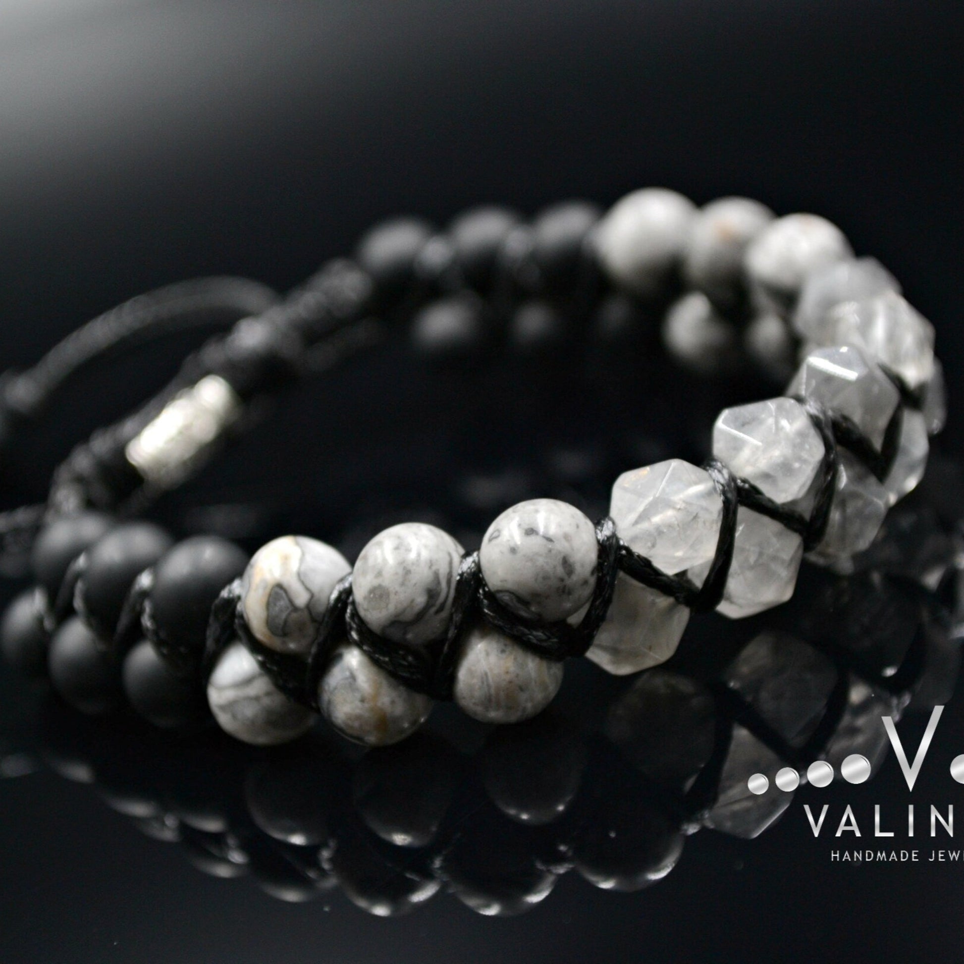 Men's Quartz Bracelet Double Macrame Bracelet Grey Jasper Bracelet Double Row Bracelet Onyx Stone Bracelet Crystal Bracelet Gift for Men  - Shamballa Bracelet - Birthstone Bracelet - Gemstone Bracelet Men - Chakra Bracelet - Macrame Bracelet - Healing Bracelet - Valinde
