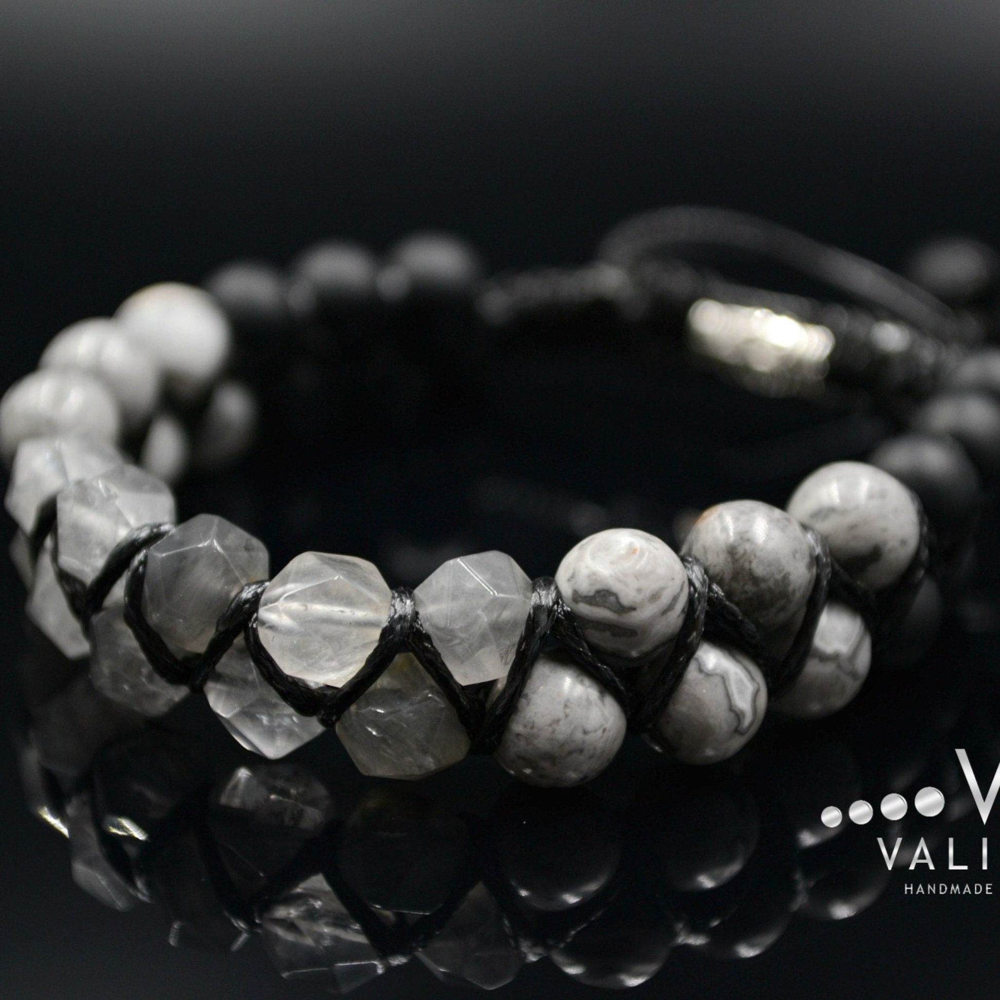Men's Quartz Bracelet Double Macrame Bracelet Grey Jasper Bracelet Double Row Bracelet Onyx Stone Bracelet Crystal Bracelet Gift for Men  - Shamballa Bracelet - Birthstone Bracelet - Gemstone Bracelet Men - Chakra Bracelet - Macrame Bracelet - Healing Bracelet - Valinde
