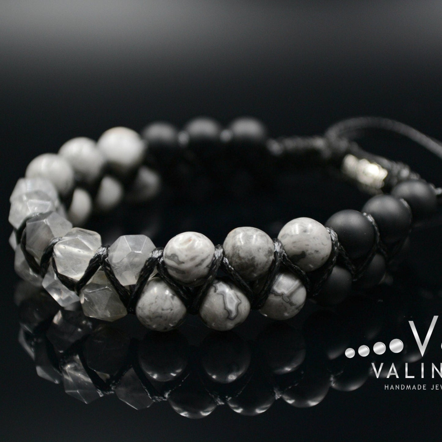 Men's Quartz Bracelet Double Macrame Bracelet Grey Jasper Bracelet Double Row Bracelet Onyx Stone Bracelet Crystal Bracelet Gift for Men  - Shamballa Bracelet - Birthstone Bracelet - Gemstone Bracelet Men - Chakra Bracelet - Macrame Bracelet - Healing Bracelet - Valinde
