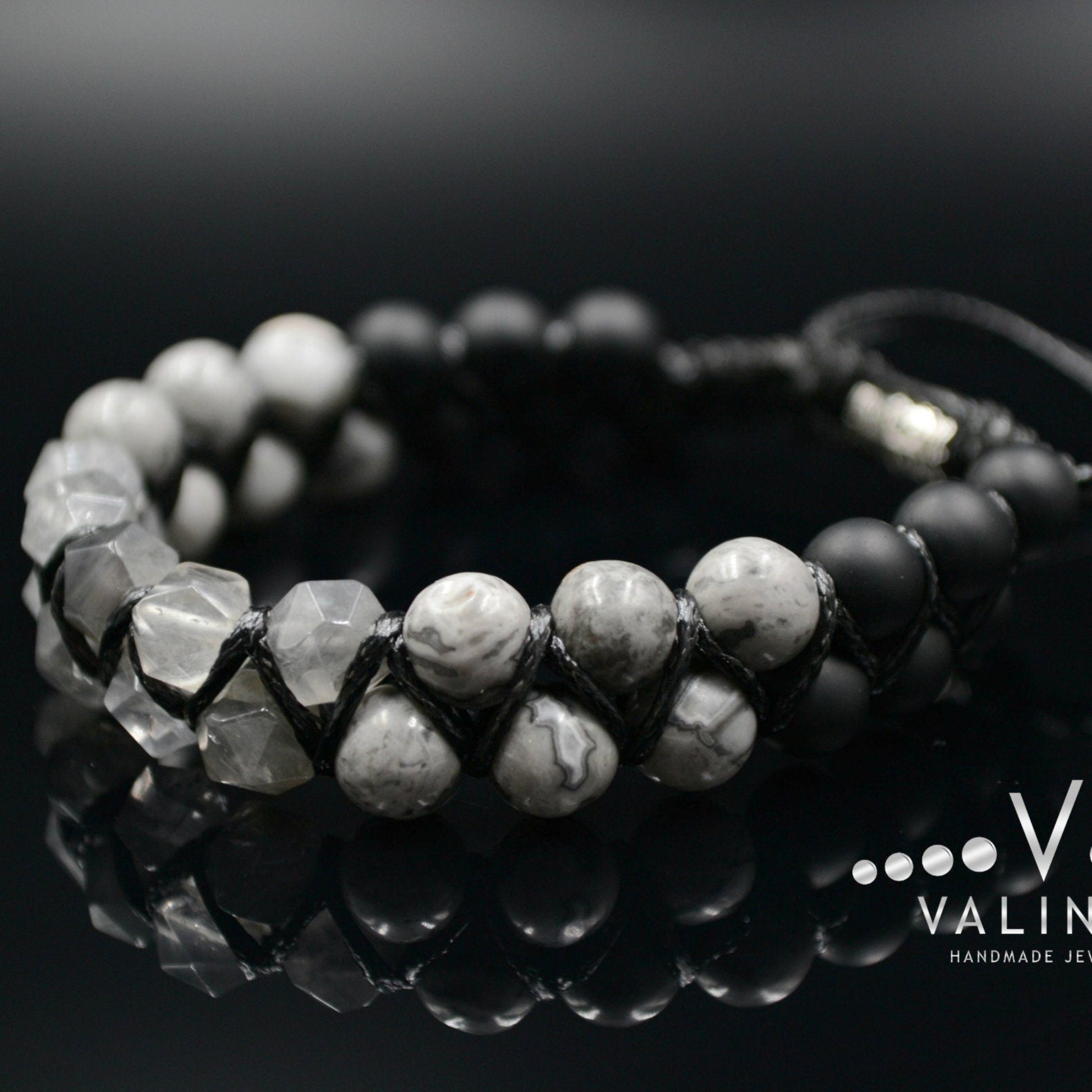 Men's Quartz Bracelet Double Macrame Bracelet Grey Jasper Bracelet Double Row Bracelet Onyx Stone Bracelet Crystal Bracelet Gift for Men  - Shamballa Bracelet - Birthstone Bracelet - Gemstone Bracelet Men - Chakra Bracelet - Macrame Bracelet - Healing Bracelet - Valinde

