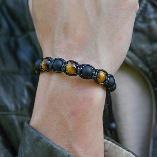Men's Black Bracelet Gemstone Bracelet Tiger's eye Onyx Bracelet Beaded Bracelet Gift for Men Stone Macrame Bracelet Adjustable Bracelet
