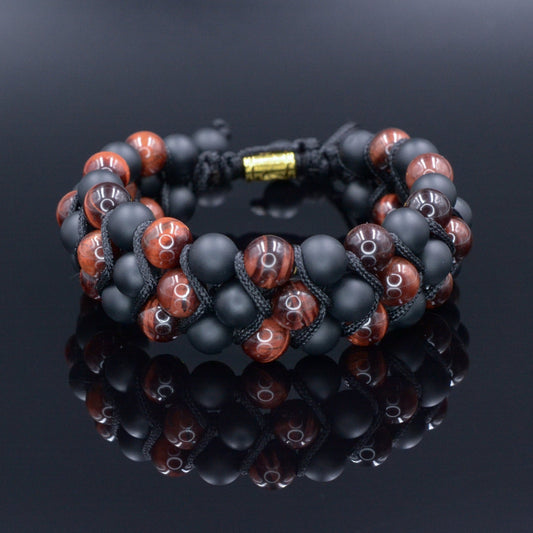 Men's Black Onyx Triple Bracelet Macrame Bracelet Red Tiger's Eye Bracelet 3 Rows Beaded Bracelet Gift for Men Adjustable Stone Bracelet  -  Shamballa Bracelet  -  Birthstone Bracelet - Gemstone Bracelet Men - Chakra Bracelet - Macrame Bracelet - Healing Bracelet - Valinde
