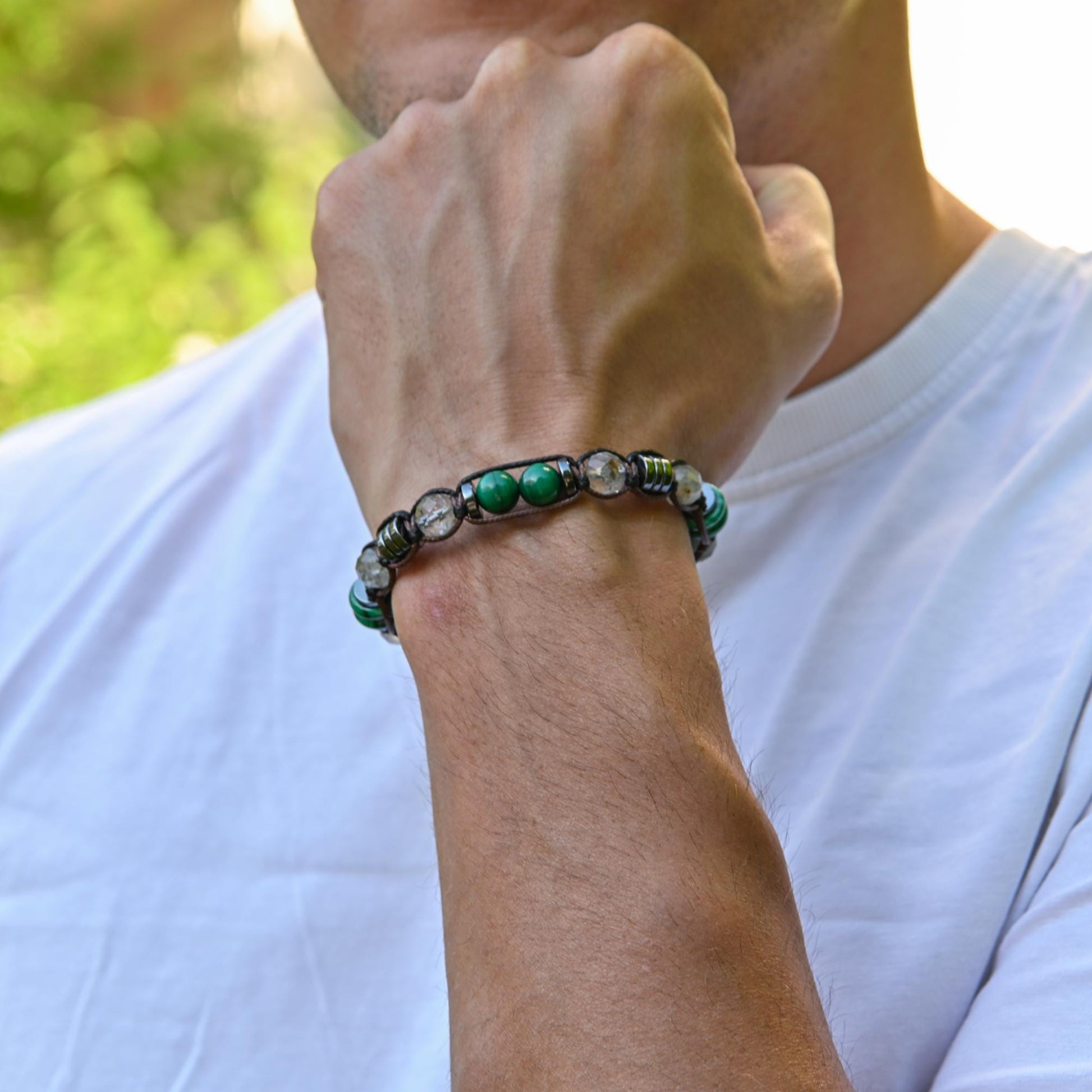 Men's Malachite and Moss Quartz Bracelet, Hematite Healing Stone Jewelry, Natural Macrame Bracelet for Him, Protection Energy Gift, Adjustable Bracelet for Him, Healing Gemstone Gift, Father's Day Gift, Protection Bracelet, Crystal Gift for Him, February Birthstone, Protection Bracelet gift for Him, Stainless Steel Jewelry,Healing Crystal Bracelet, Masculine Strength Gift, Spiritual Protection, Gift for Men, Adjustable Braided Bracelet, Gift for Men, Adjustable Macrame Braided Gemstone Bracelet, Braided Adj