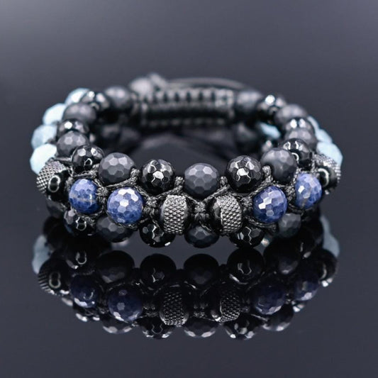 Men's Sapphire Aquamarine Onyx Braided Adjustable Bracelet, Triple Beaded Bracelet, Gift for Him, Luxury Bracelet, Three Row Bracelet- Shamballa Bracelet - Birthstone Bracelet - Gemstone Bracelet Men - Chakra Bracelet - Macrame Bracelet - Healing Bracelet - Valinde
