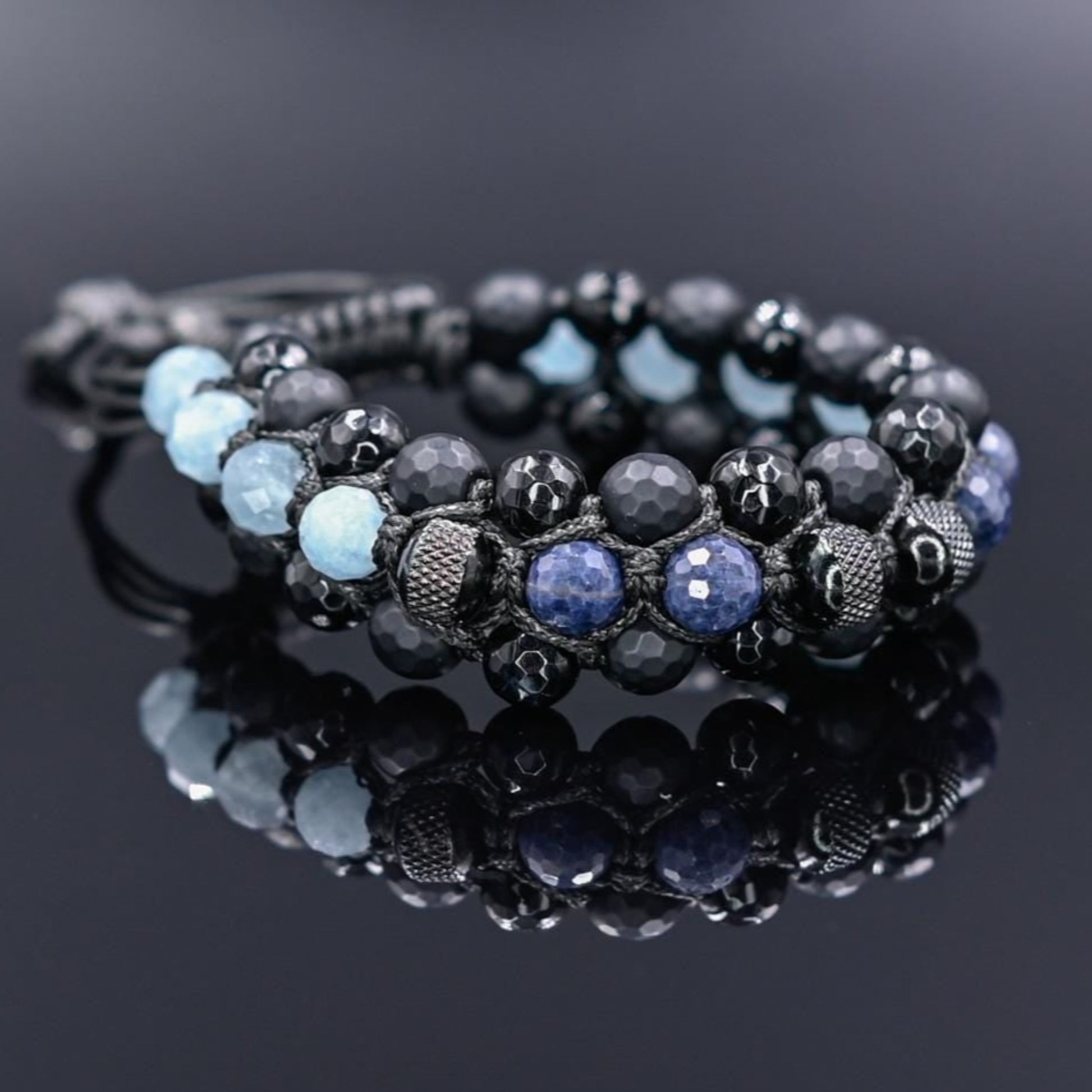 Men's Sapphire Aquamarine Onyx Braided Adjustable Bracelet, Triple Beaded Bracelet, Gift for Him, Luxury Bracelet, Three Row Bracelet- Shamballa Bracelet - Birthstone Bracelet - Gemstone Bracelet Men - Chakra Bracelet - Macrame Bracelet - Healing Bracelet - Valinde

