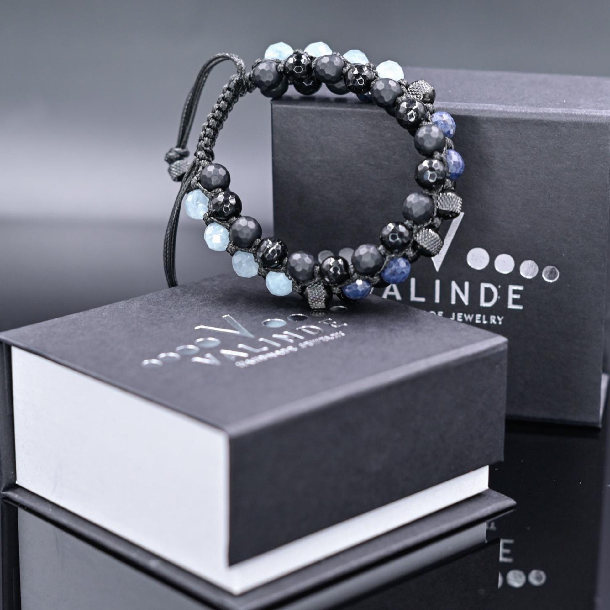 Men's Sapphire Aquamarine Onyx Braided Adjustable Bracelet, Triple Beaded Bracelet, Gift for Him, Luxury Bracelet, Three Row Bracelet- Shamballa Bracelet - Birthstone Bracelet - Gemstone Bracelet Men - Chakra Bracelet - Macrame Bracelet - Healing Bracelet - Valinde
