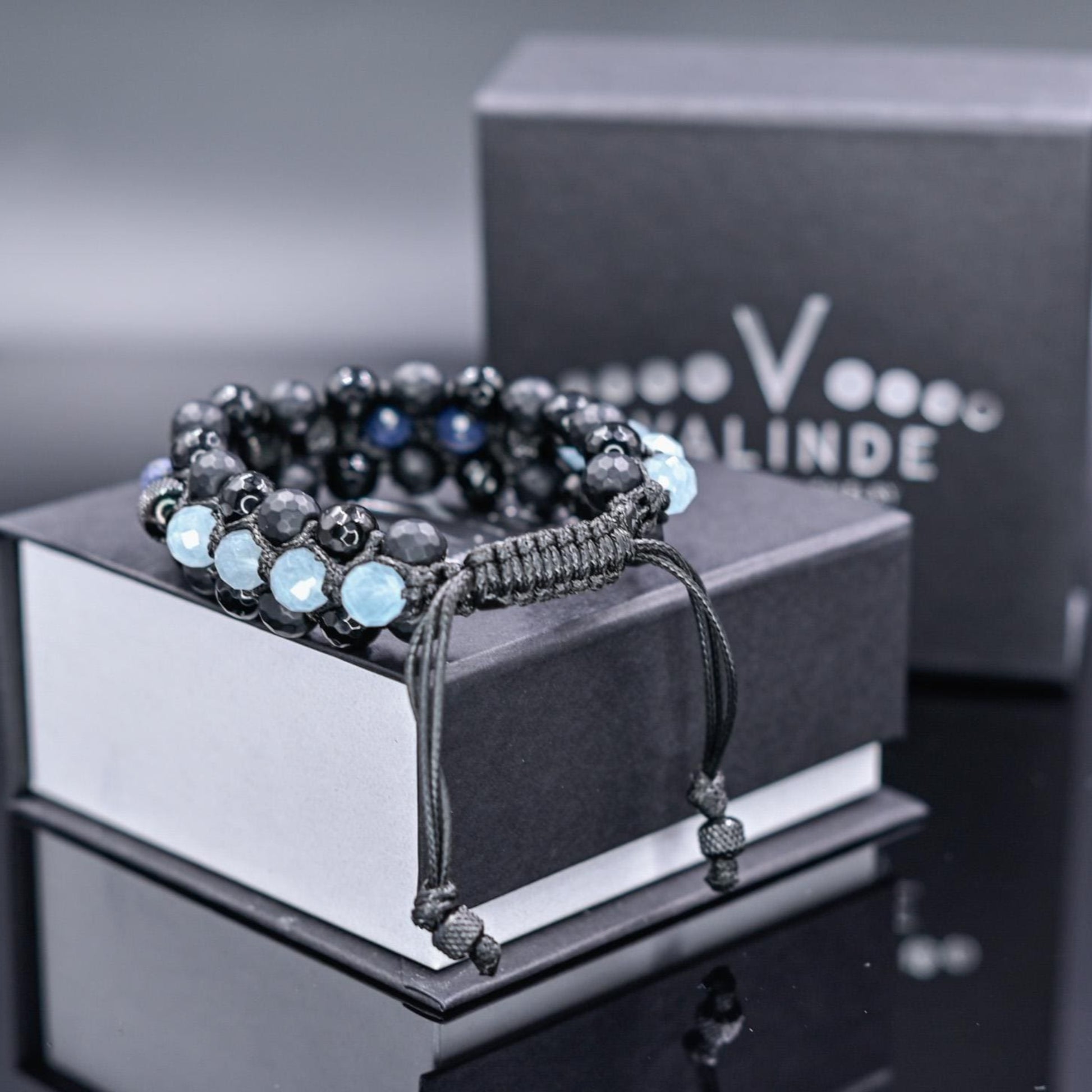 Men's Sapphire Aquamarine Onyx Braided Adjustable Bracelet, Triple Beaded Bracelet, Gift for Him, Luxury Bracelet, Three Row Bracelet- Shamballa Bracelet - Birthstone Bracelet - Gemstone Bracelet Men - Chakra Bracelet - Macrame Bracelet - Healing Bracelet - Valinde
