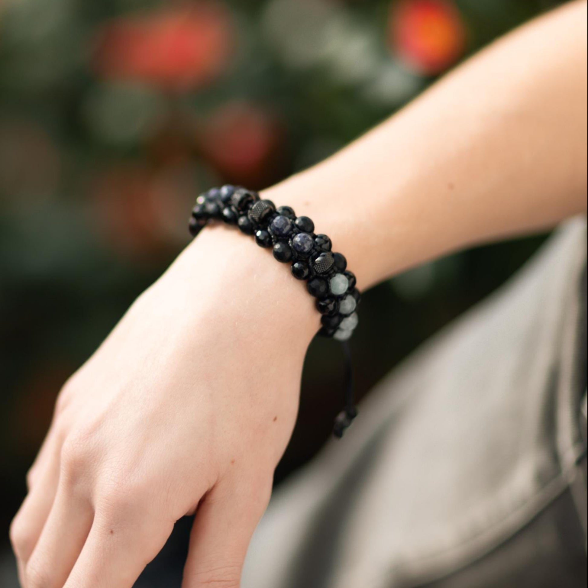 Men's Sapphire Aquamarine Onyx Braided Adjustable Bracelet, Triple Beaded Bracelet, Gift for Him, Luxury Bracelet, Three Row Bracelet- Shamballa Bracelet - Birthstone Bracelet - Gemstone Bracelet Men - Chakra Bracelet - Macrame Bracelet - Healing Bracelet - Valinde
