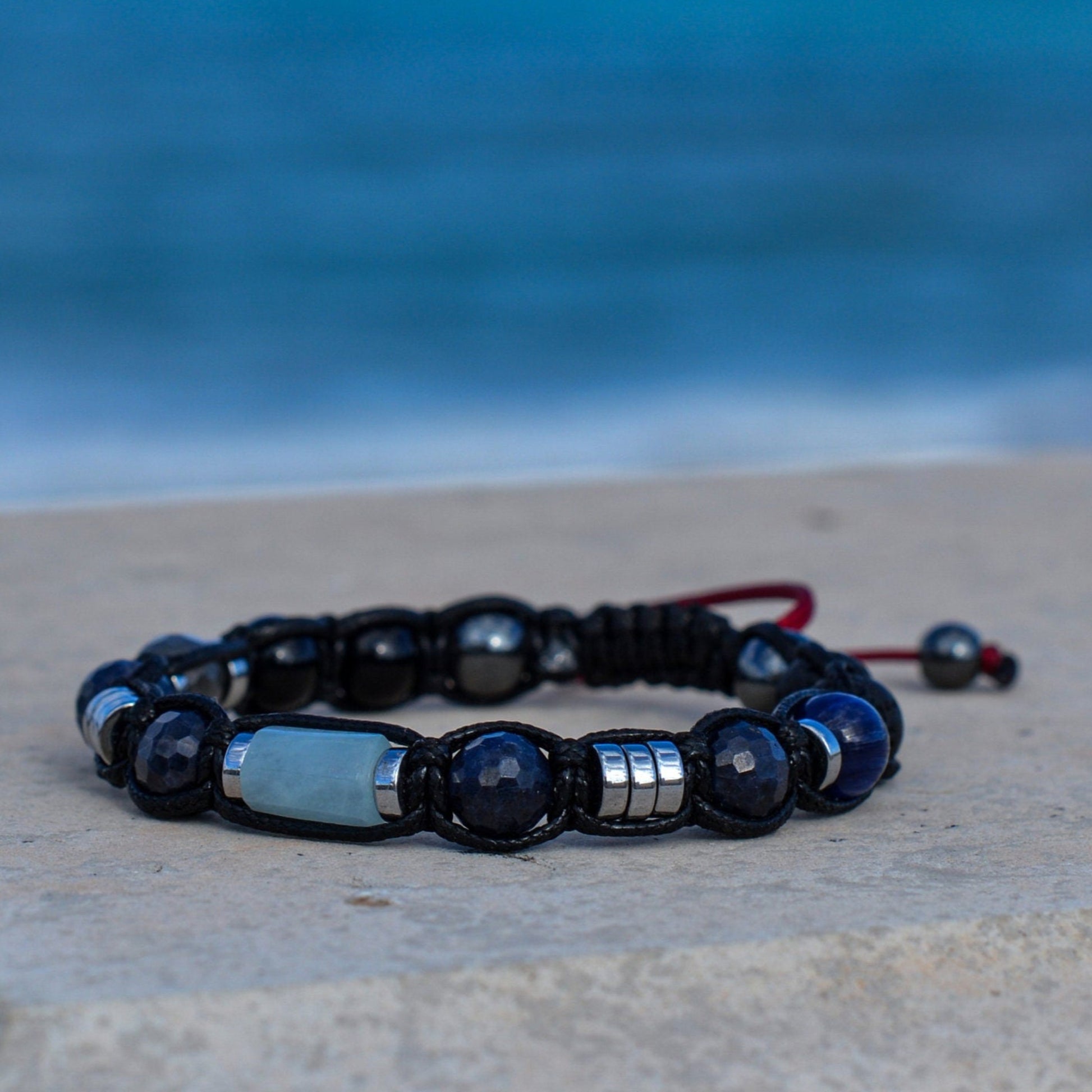 Genuine Sapphire Bracelet - Men's Aquamarine Crystal Bracelet - Gift for Men - Christmas Gift - Adjustable Macrame Bracelet - Kyanite Beaded Bracelet - Healing Bracelet -  Birthstone Bracelet - Gemstone Bracelet Men
