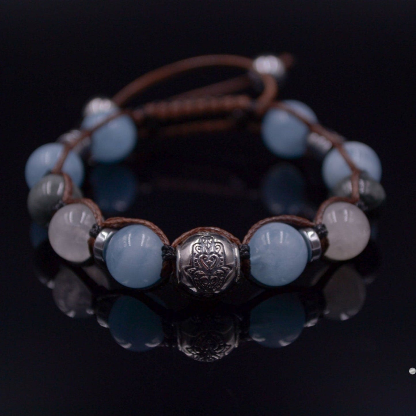 Men's Natural Aquamarine and 925 Sterling Silver Bead Bracelet Hamsa Hand Bracelet Moonstone Bracelet Gift for Man Hawk's Eye Bracelet  - Shamballa Bracelet - Mantra Bracelet  -  Birthstone Bracelet - Gemstone Bracelet Men - Chakra Bracelet - Macrame Bracelet - Healing Bracelet - Valinde