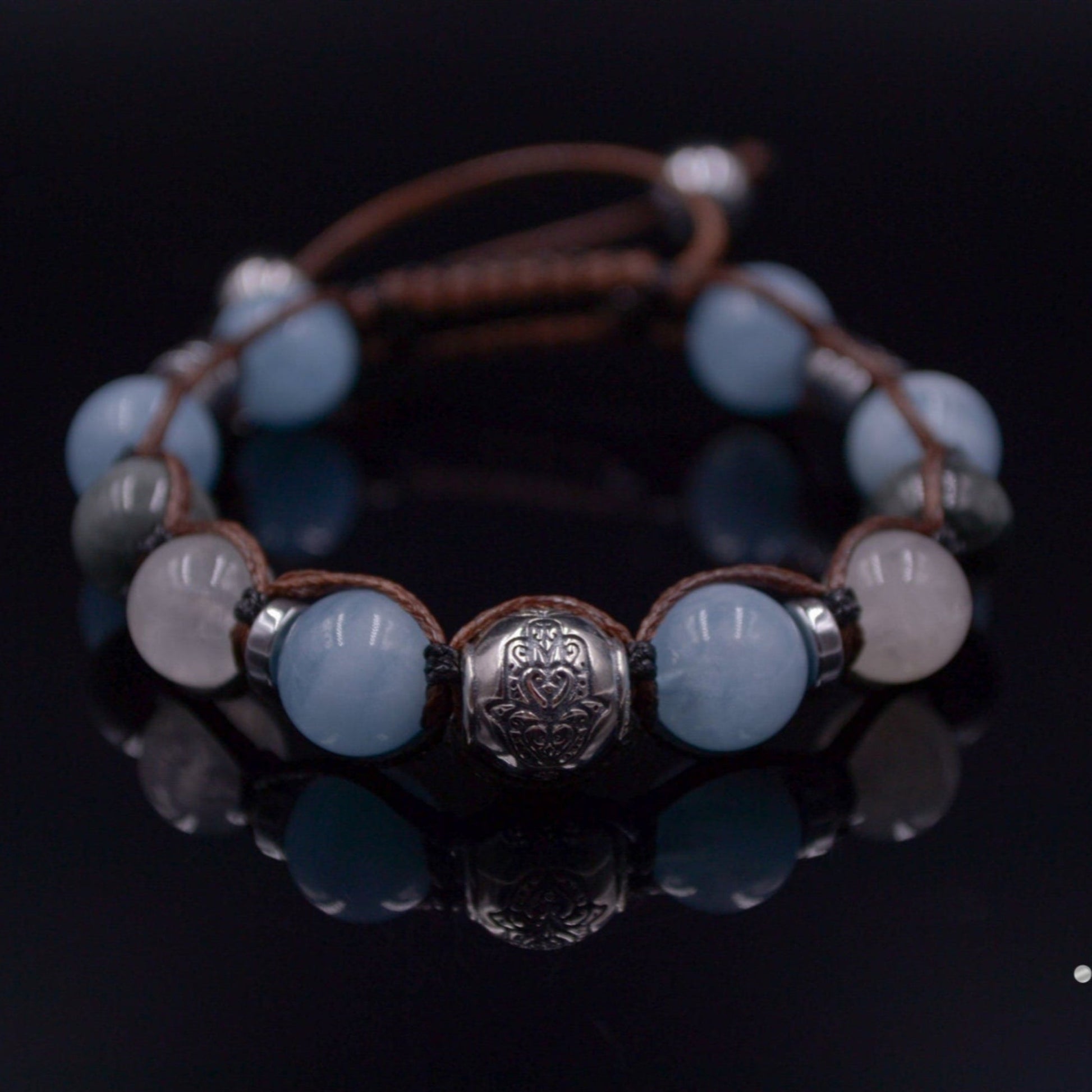 Men's Natural Aquamarine and 925 Sterling Silver Bead Bracelet Hamsa Hand Bracelet Moonstone Bracelet Gift for Man Hawk's Eye Bracelet  - Shamballa Bracelet - Mantra Bracelet  -  Birthstone Bracelet - Gemstone Bracelet Men - Chakra Bracelet - Macrame Bracelet - Healing Bracelet - Valinde
