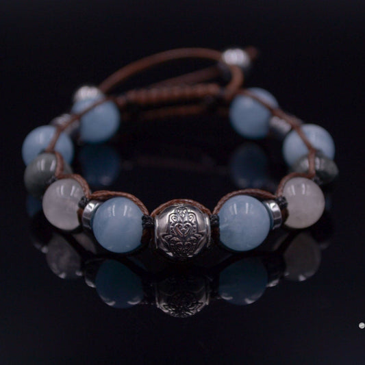 Men's Natural Aquamarine and 925 Sterling Silver Bead Bracelet Hamsa Hand Bracelet Moonstone Bracelet Gift for Man Hawk's Eye Bracelet  - Shamballa Bracelet - Mantra Bracelet  -  Birthstone Bracelet - Gemstone Bracelet Men - Chakra Bracelet - Macrame Bracelet - Healing Bracelet - Valinde