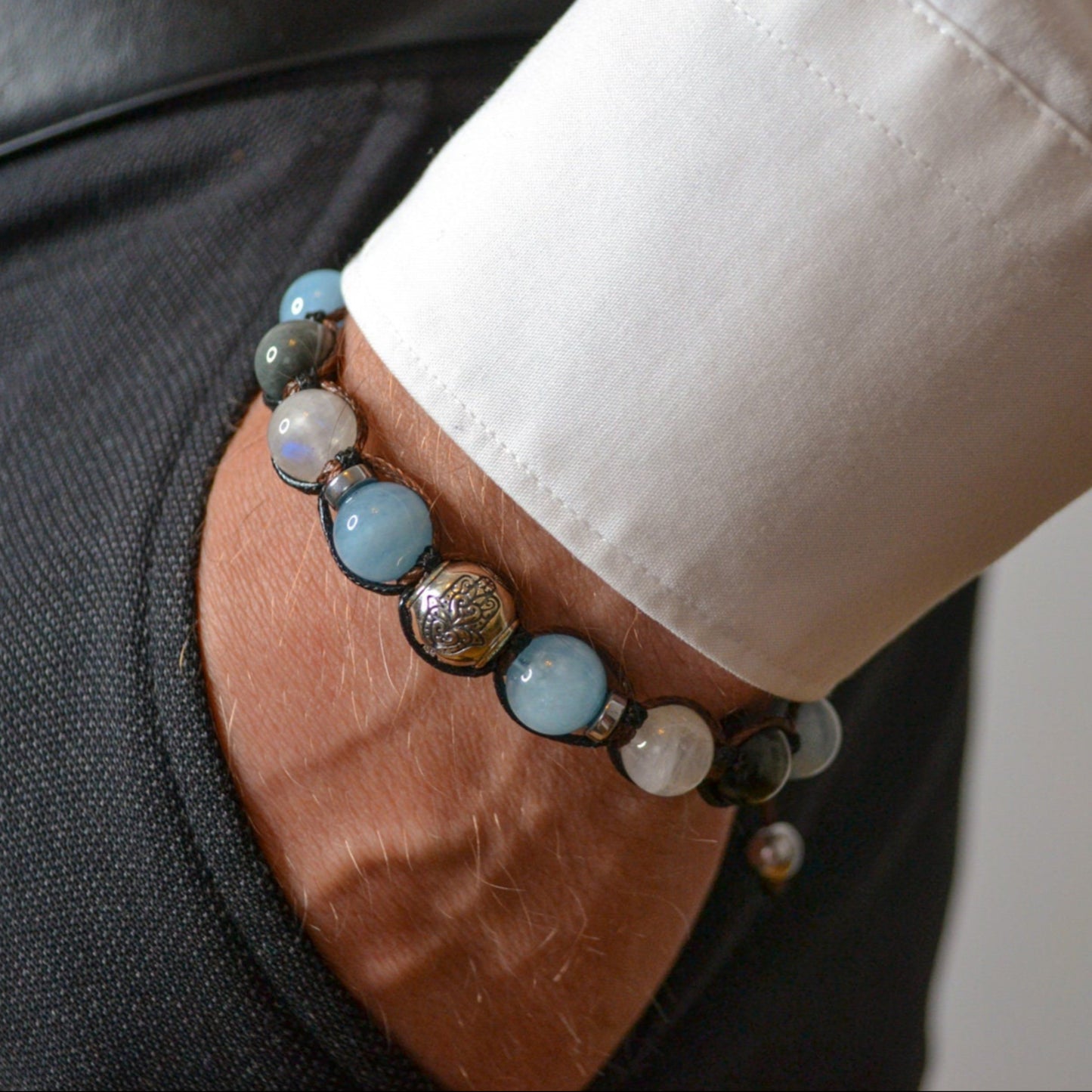 Men's Natural Aquamarine and 925 Sterling Silver Bead Bracelet Hamsa Hand Bracelet Moonstone Bracelet Gift for Man Hawk's Eye Bracelet  - Shamballa Bracelet - Mantra Bracelet  -  Birthstone Bracelet - Gemstone Bracelet Men - Chakra Bracelet - Macrame Bracelet - Healing Bracelet - Valinde
