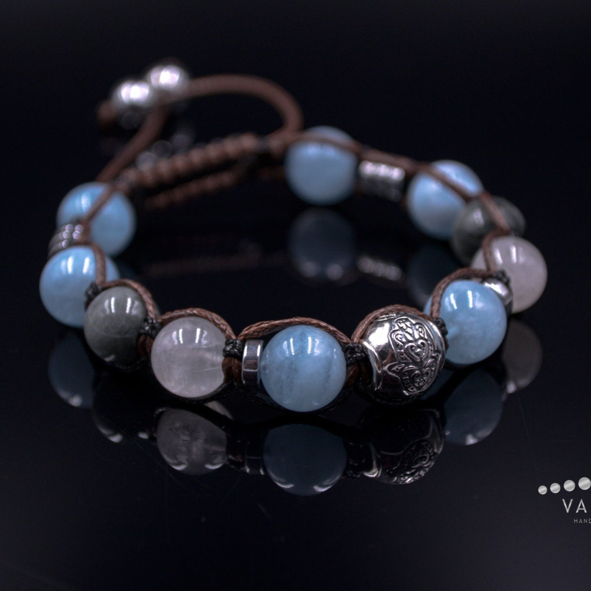 Men's Natural Aquamarine and 925 Sterling Silver Bead Bracelet Hamsa Hand Bracelet Moonstone Bracelet Gift for Man Hawk's Eye Bracelet  - Shamballa Bracelet - Mantra Bracelet  -  Birthstone Bracelet - Gemstone Bracelet Men - Chakra Bracelet - Macrame Bracelet - Healing Bracelet - Valinde
