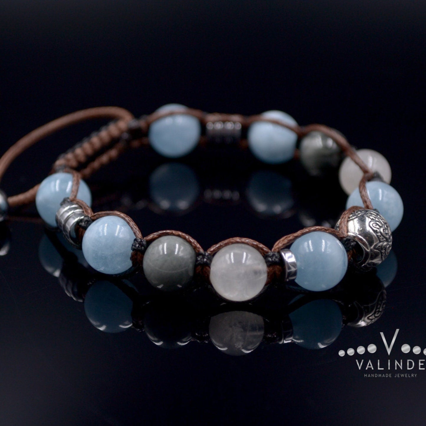 Men's Natural Aquamarine and 925 Sterling Silver Bead Bracelet Hamsa Hand Bracelet Moonstone Bracelet Gift for Man Hawk's Eye Bracelet  - Shamballa Bracelet - Mantra Bracelet  -  Birthstone Bracelet - Gemstone Bracelet Men - Chakra Bracelet - Macrame Bracelet - Healing Bracelet - Valinde
